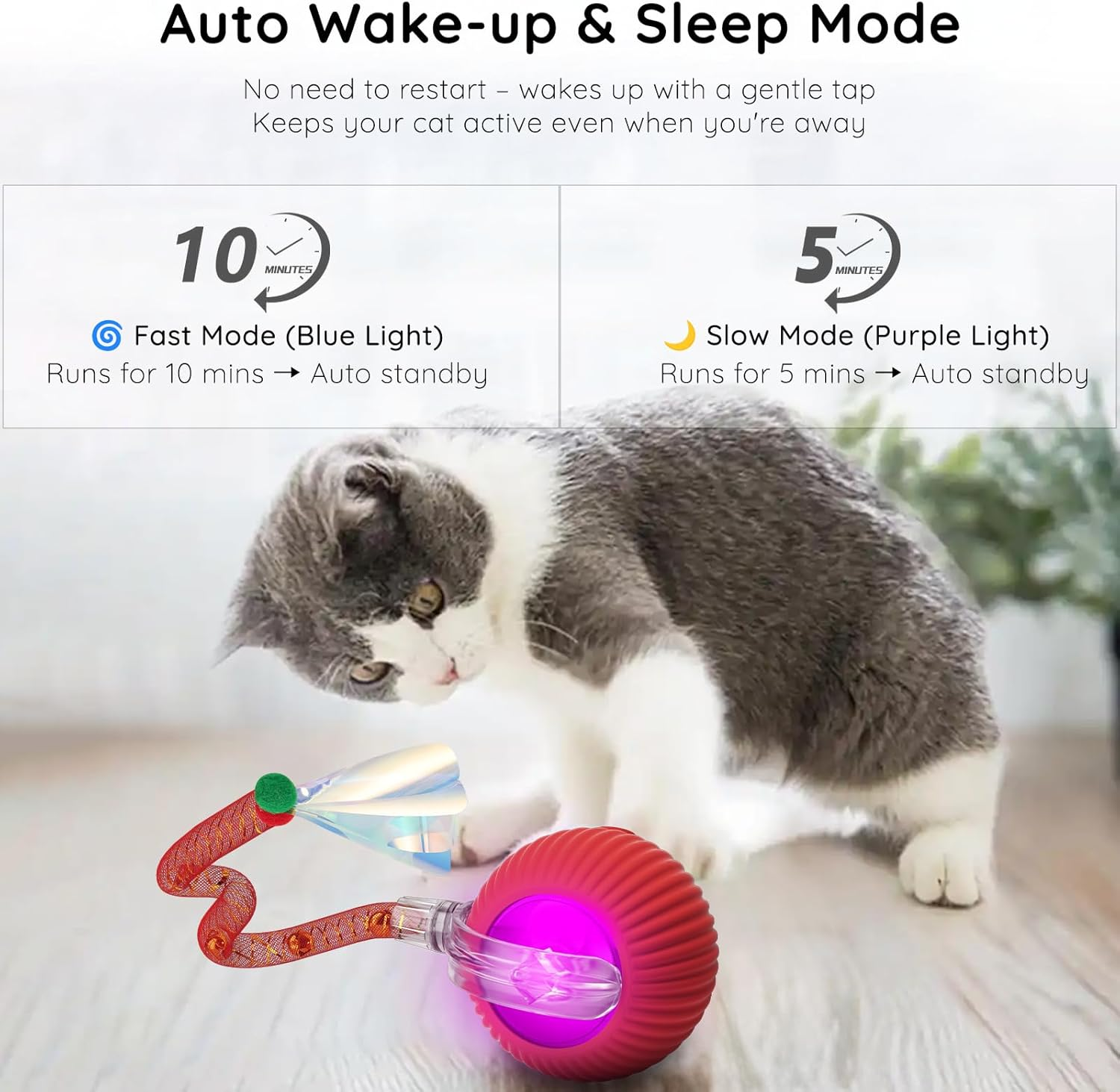 Smart Cat Toy Ball with Feather & Bird Sound, Silicone Interactive Rolling Ball for Indoor Cats, Motion-Activated, Obstacle Avoidance, Quiet Motor, Rechargeable 300Mah Battery (Red) image number 5