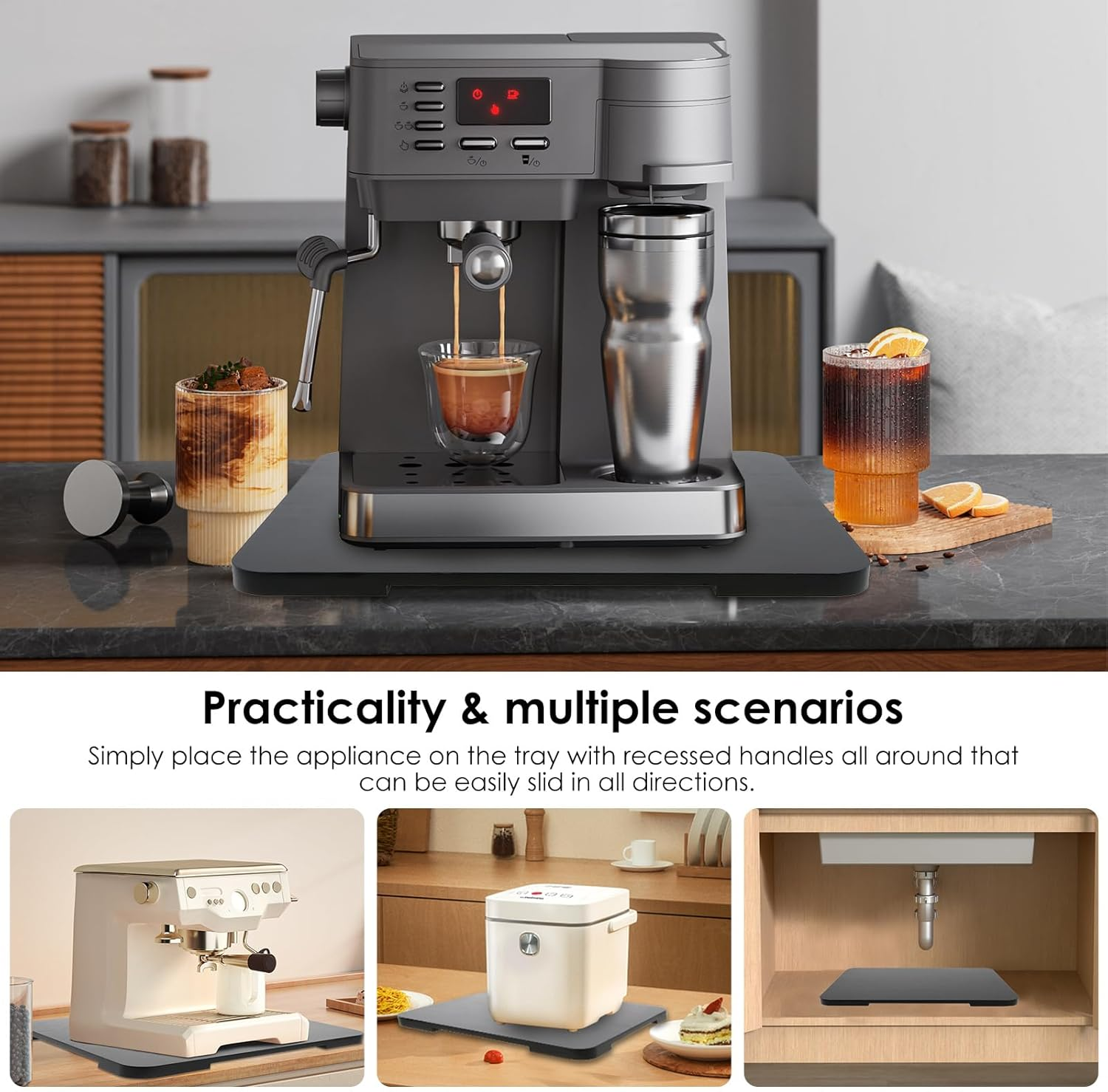 360&deg; Appliance Sliding Tray for Appliances, 360&deg; Rolling Tray Bamboo Appliance Slider with Universal Wheels, Sliding Tray for Coffee Maker Appliances Mat Easily from under the Cabinet image number 1