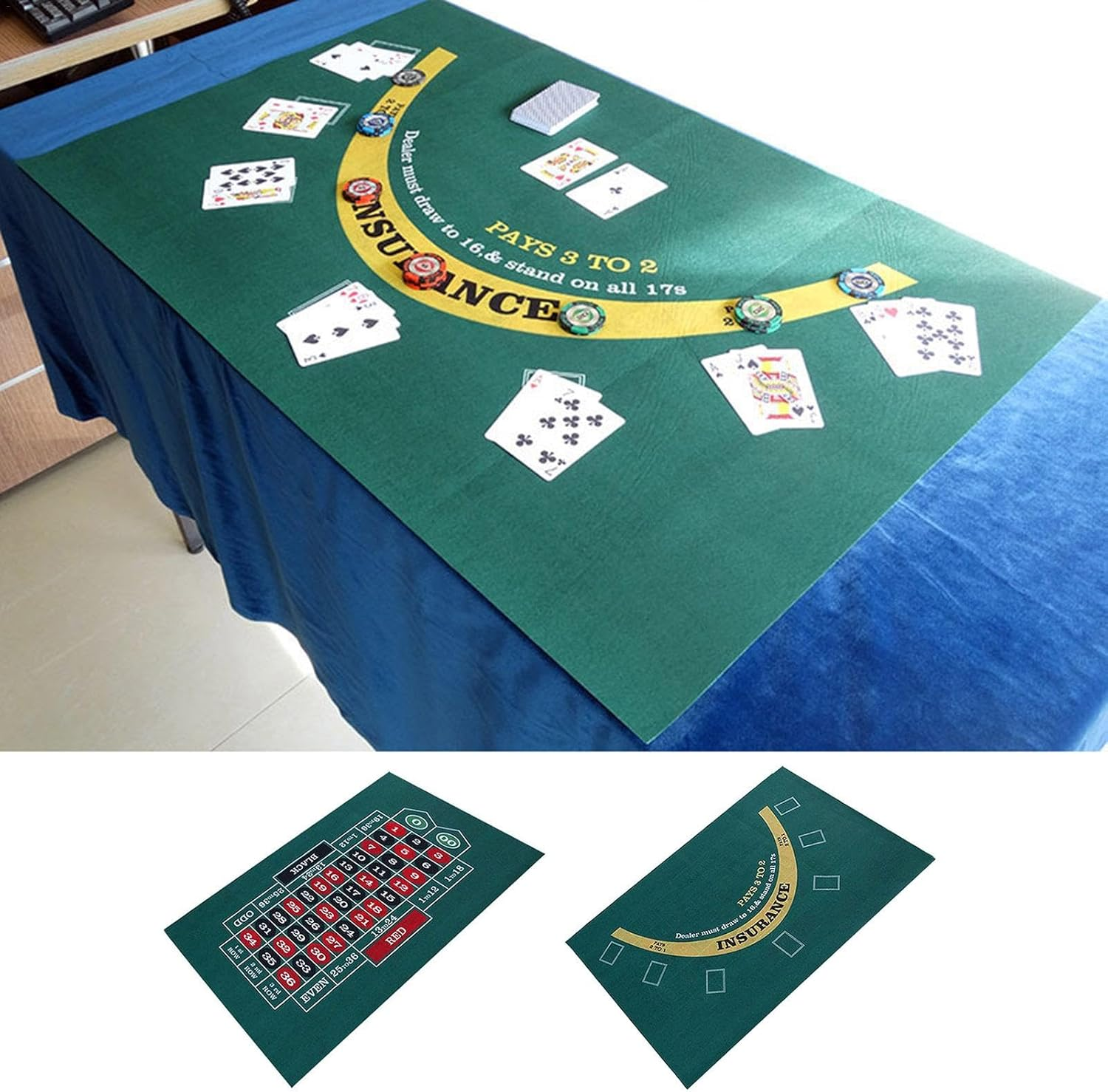 Double-Sided Poker Mat, Craps Table & Blackjack Felt, Roll-Up Roulette Tabletop Mat for Coffee Table Craps & Blackjack (23.62 X 35.43 In) image number 3