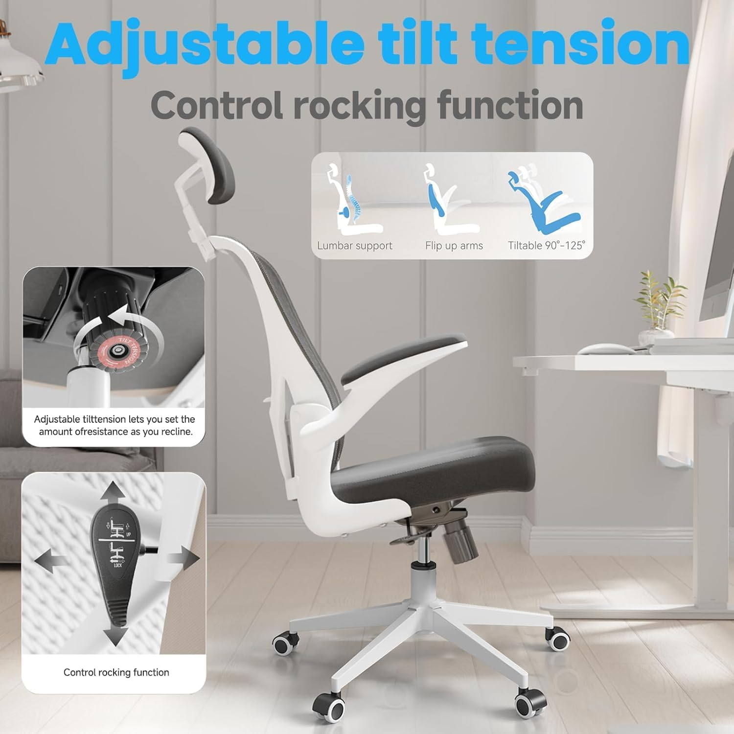 Computer Chair, Ergonomic Office Chair with Flip-Armrest & Cushion for Lumbar Support, Home Office Desk Chairs with Wheels, Adjustable Office Chairs for Study and Work (White Black) image number 6