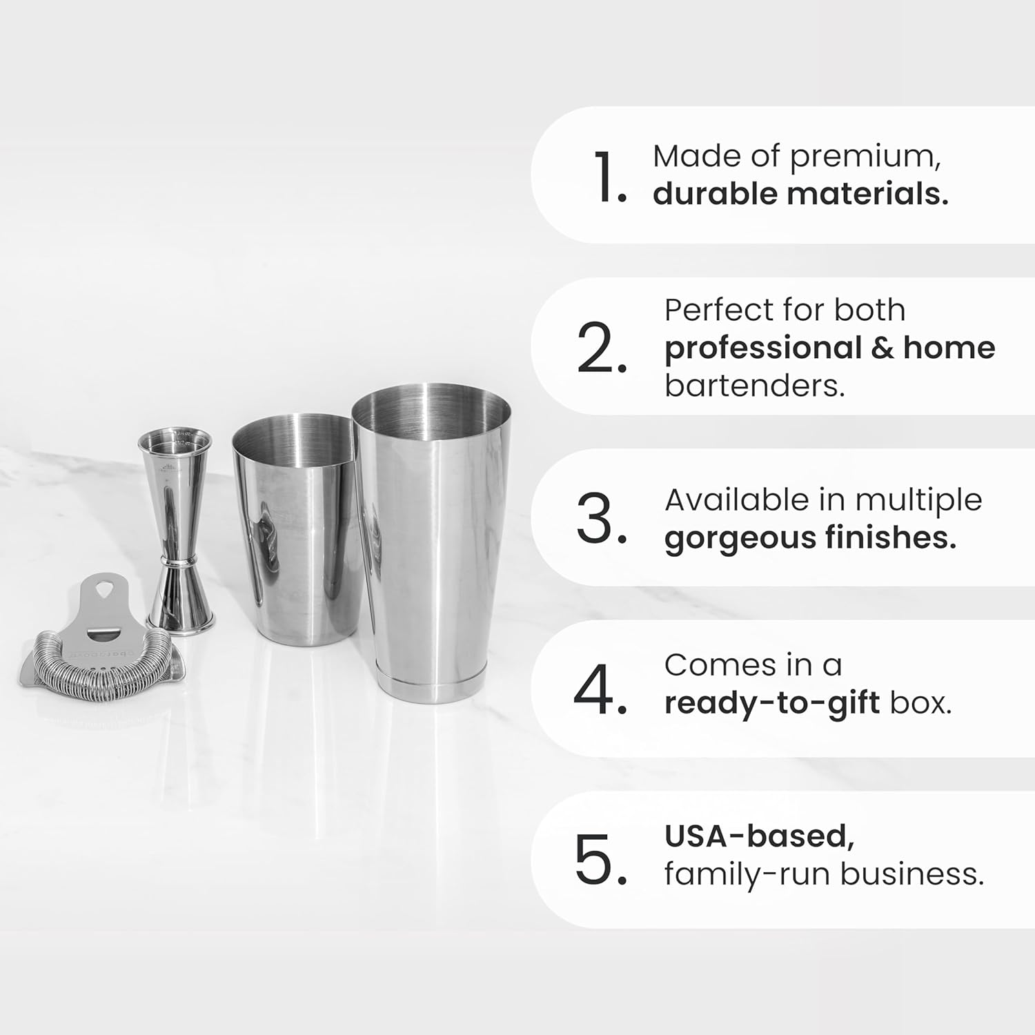 Boston Shaker Set: Professional Two-Piece Stainless Steel Cocktail Shaker Set with Hawthorne Strainer and Japanese Jigger image number 1