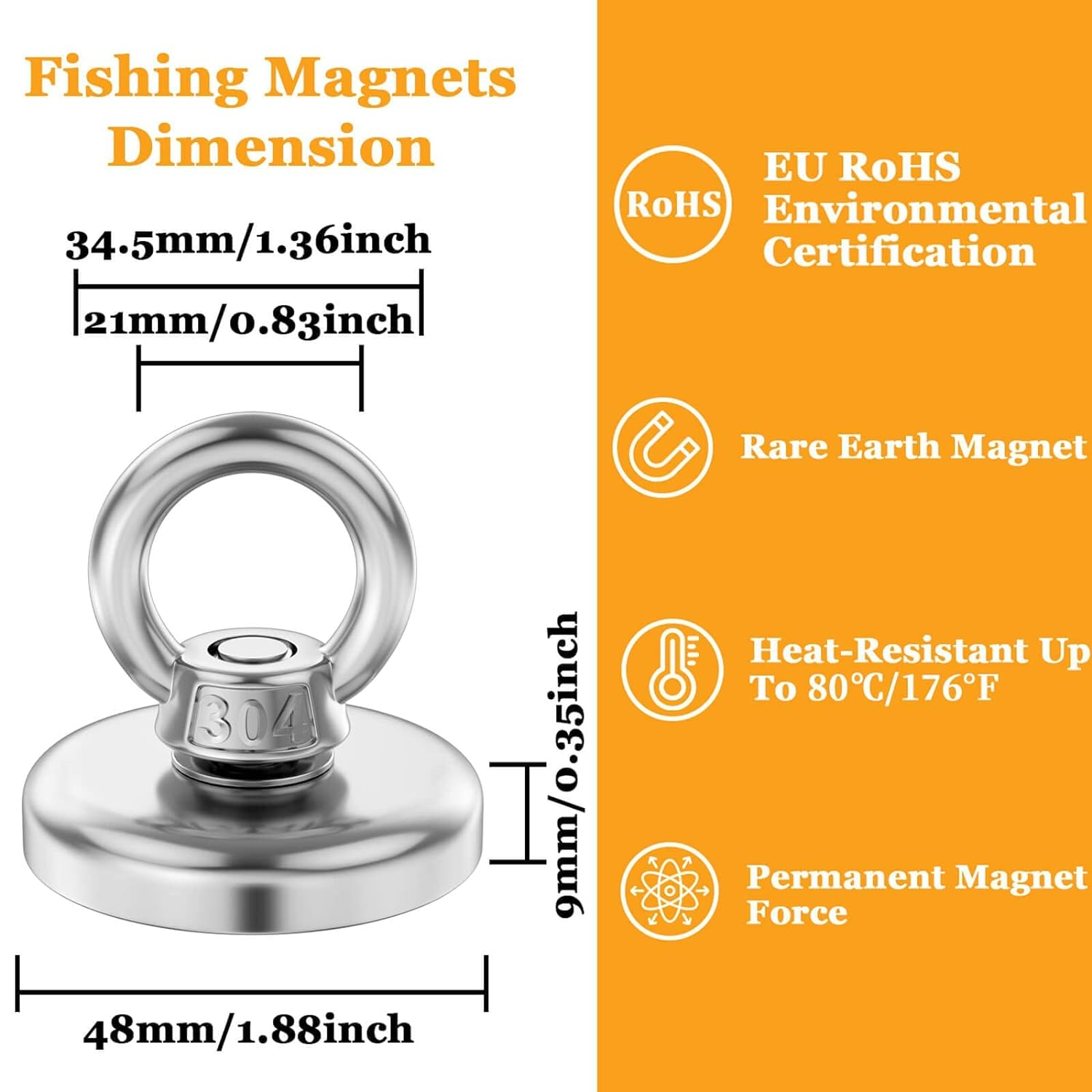 MIN CI Neodymium Magnets 255Lb Super Strong Magnet Fishing,Heavy Duty Magnetic Large Rare Earth Magnets with Countersunk Hole Eyebolt for Magnetic Fishing Salvage Underwater Retrieval Industrial 2Pack image number 6