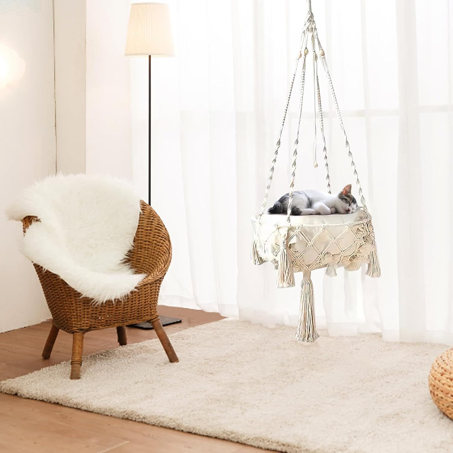 Cat Hammock Wall Mounted, Hand Woven Cat Hammock Bed, Macrame Hanging Wall Rope Cat Bed for Sleeping, Climbing (35 Cm) image number 6