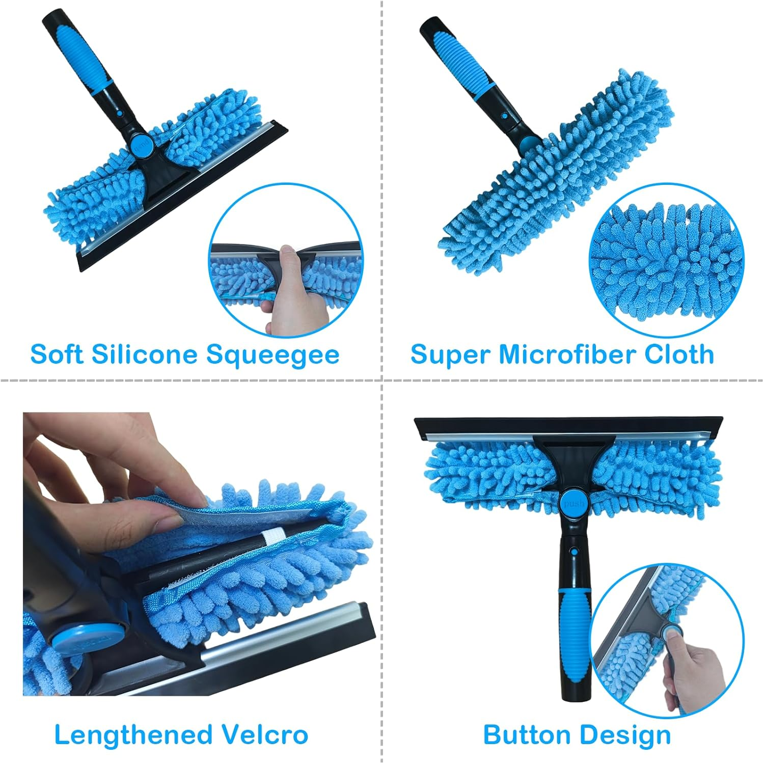425 Cm Window Cleaner with Telescopic Handle, 2-In-1 Professional Window Cleaning Set, Silicone Squeegee, Microfibre Scrubber, Window Cleaning Set for Bathroom, Shower, Glass, Mirror, Wall, Car