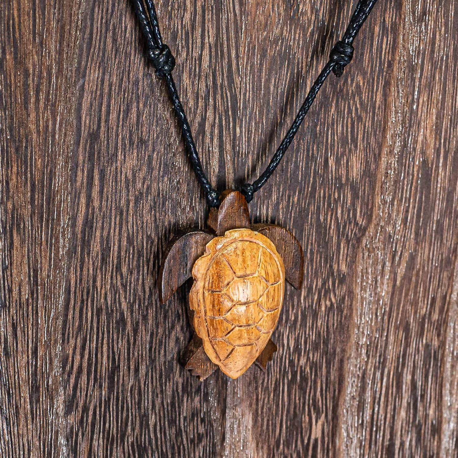 Bluerica Hand Carved Wood Sea Turtle Pendant on Adjustable Black Rope Cord Necklace, Wood Natural-Fiber image number 6
