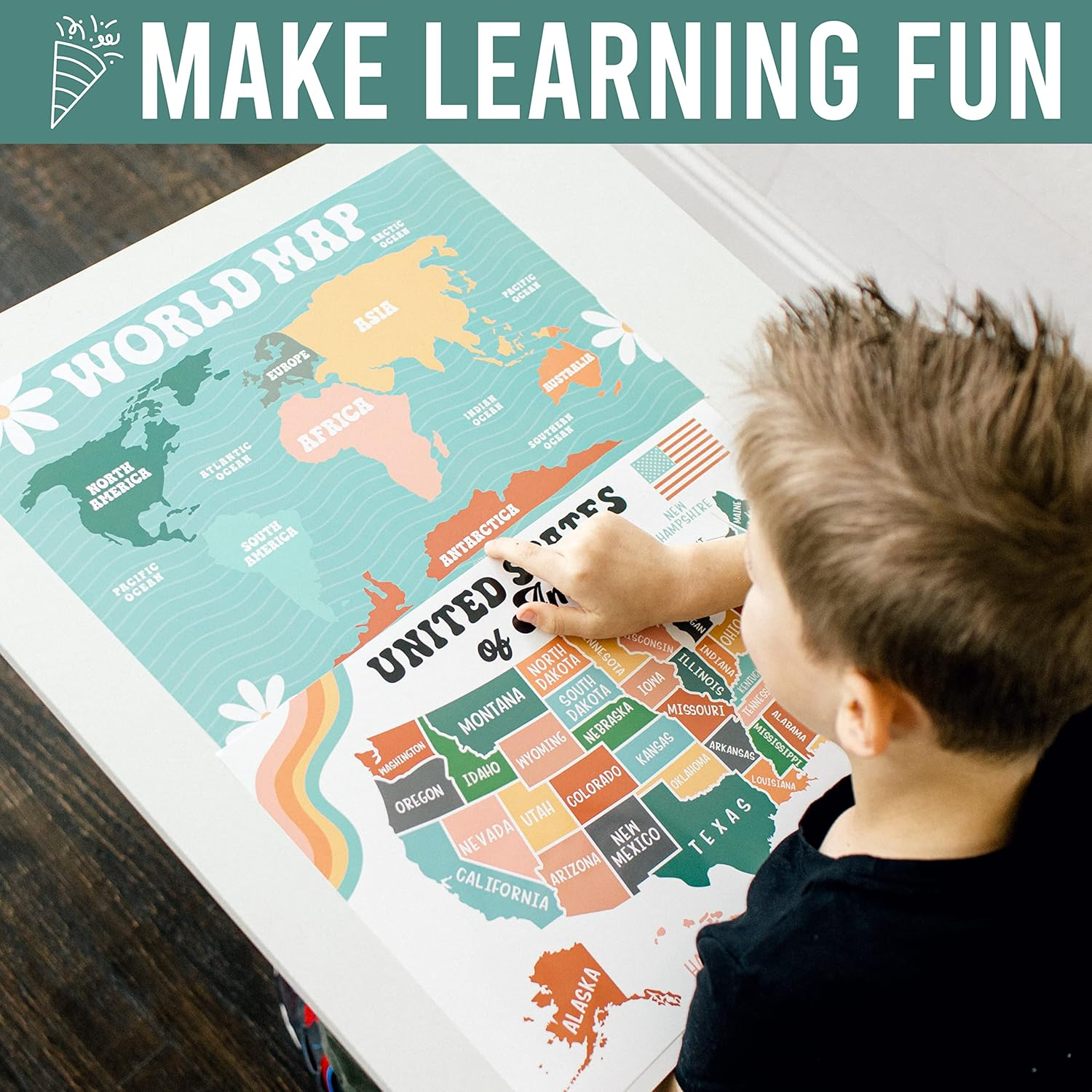 4 Retro Pre K Learning Posters for Toddlers 1-3 - ABC Poster for Toddlers Wall, Solar System Poster for Kids Maps, Preschool Classroom Map of the World Poster, Kindergarten Homeschool Supplies&hellip; image number 5