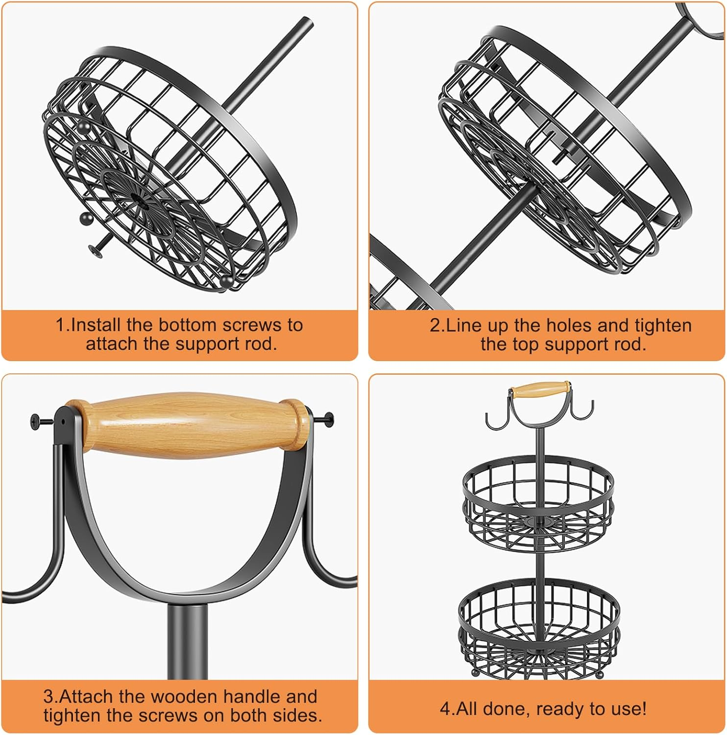 SEDISON 2 Tier Fruit Basket with Banana Hanger, Double Layer Metal Fruit Basket with Wooden Handle, Sturdy Carbon Steel Kitchen Storage Organizer for Fruits, Vegetables and More, Large Capacity