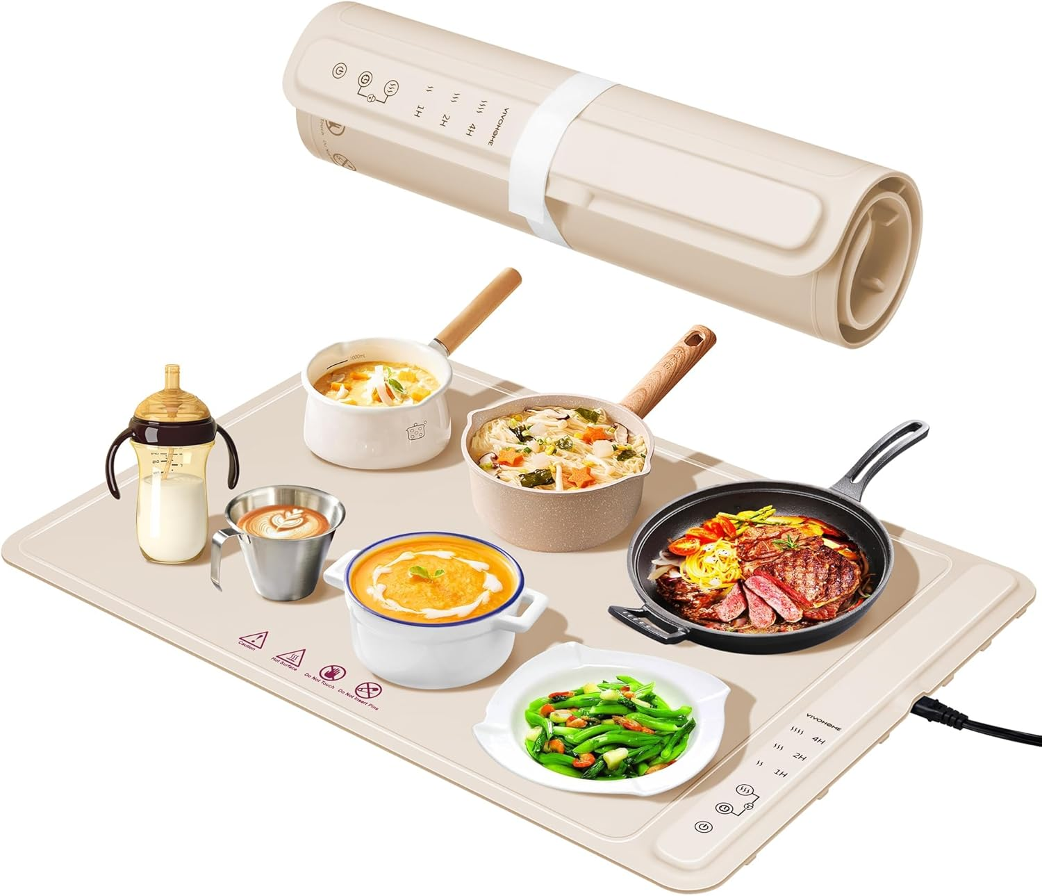 Food Warming Mat for Buffets, Full Surface Heating 3-Level Temperature and Timer Setting, Automatic Child Safety Lock, Electric Silicone Food Warmer for Parties, Gatherings, Khaki