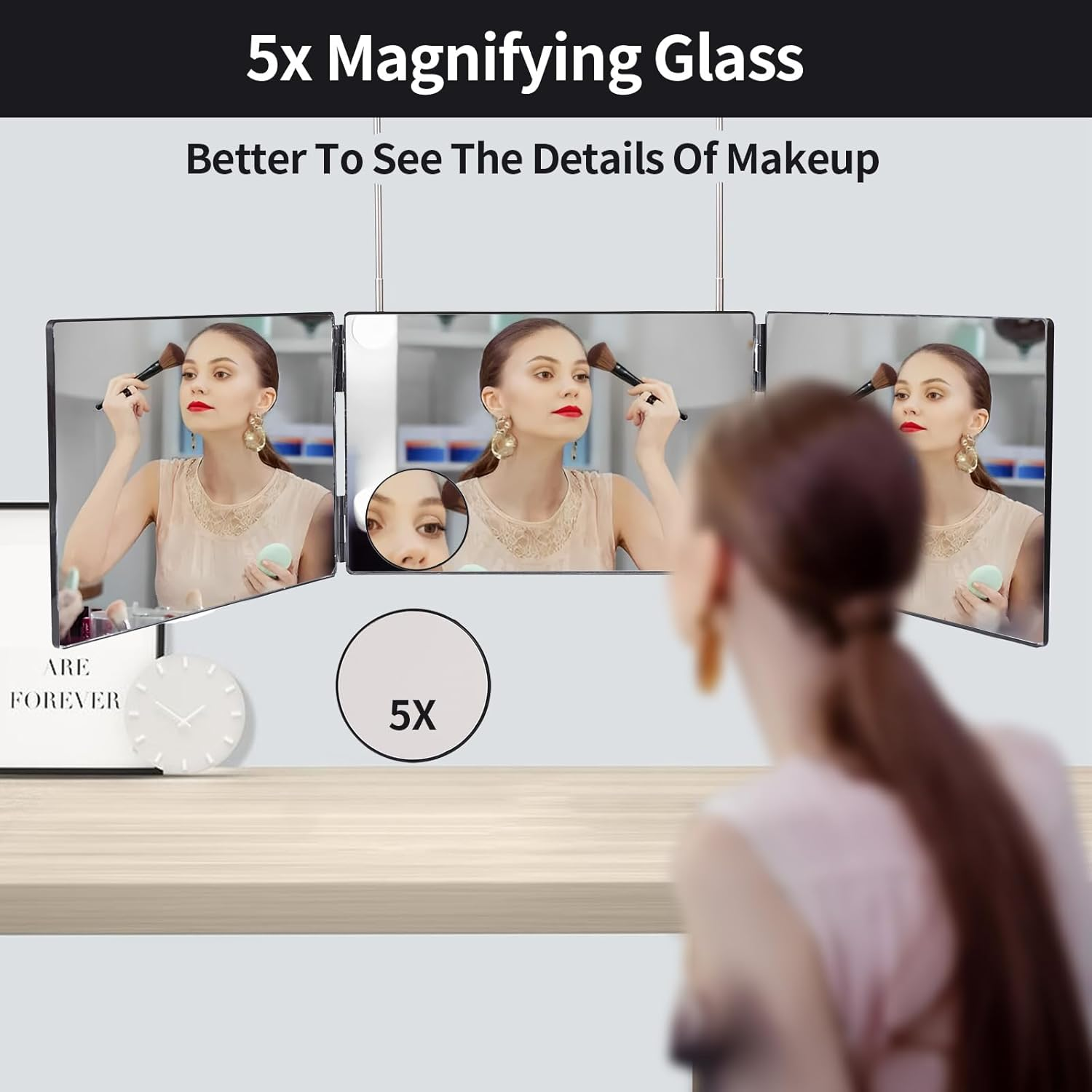 3 Way Mirror,360 Trifold Mirror with Height Adjustable Telescoping Hooks,And 5X Magnification Mirror,For Makeup, Hair Styling (Black) image number 1