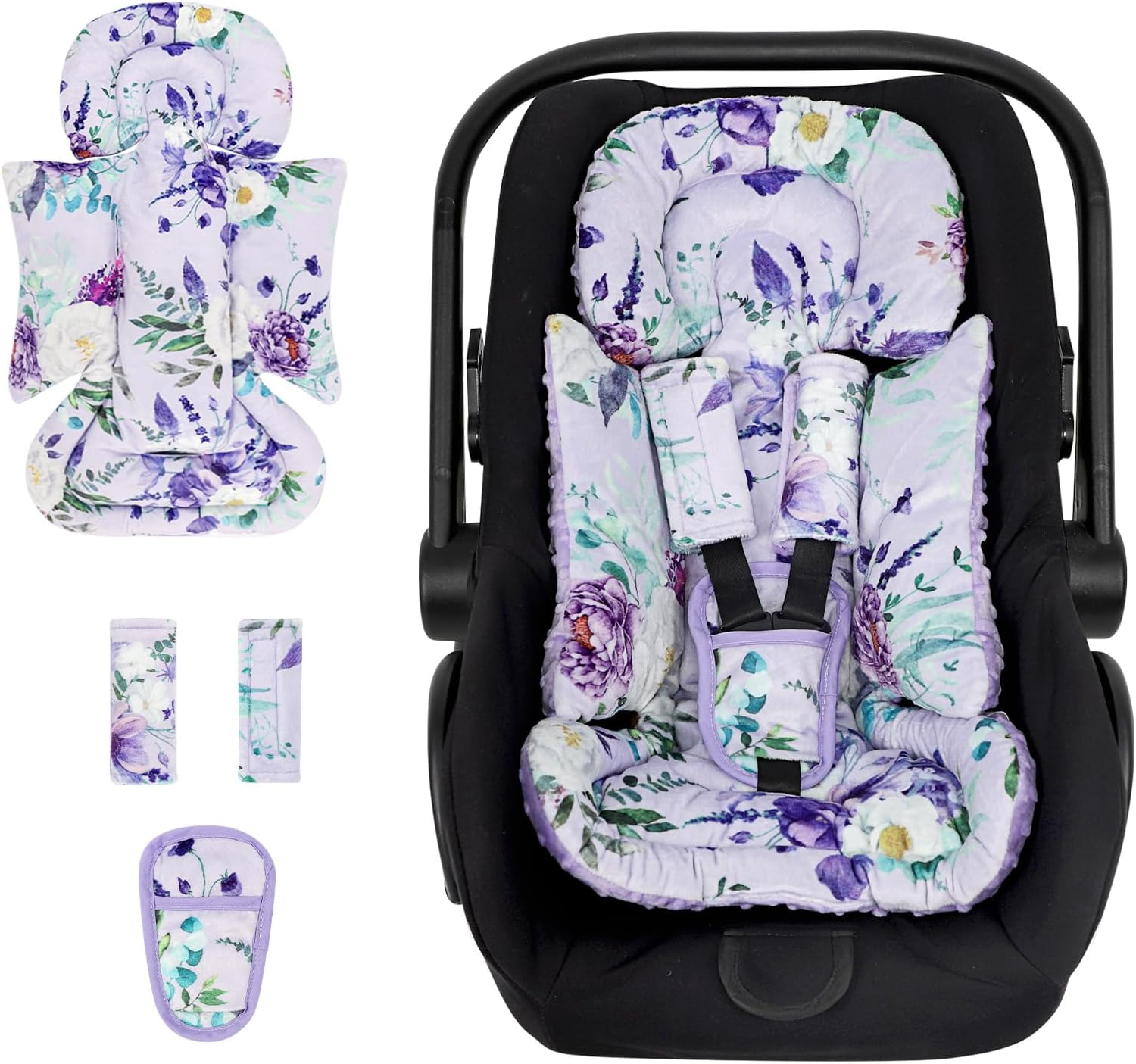Infant Car Seat Insert and Strap Covers, Very Soft Car Seat Head Support Baby Girl Boy, Reversible Newborn Carseat Insert Cushion Fits for Stroller, Baby Swing, Bouncer (Purple Floral)