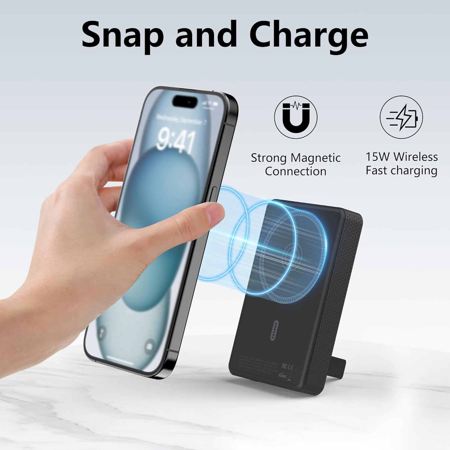 Auskang Magnetic Power Bank, 10000Mah Wireless Fast Charging Portable Charger, Foldable Stand Slim Power Bank, for Apple Watch, Mini Battery Pack Compatible for Iphone 17/16/15/Pro Max Series (Black) image number 6