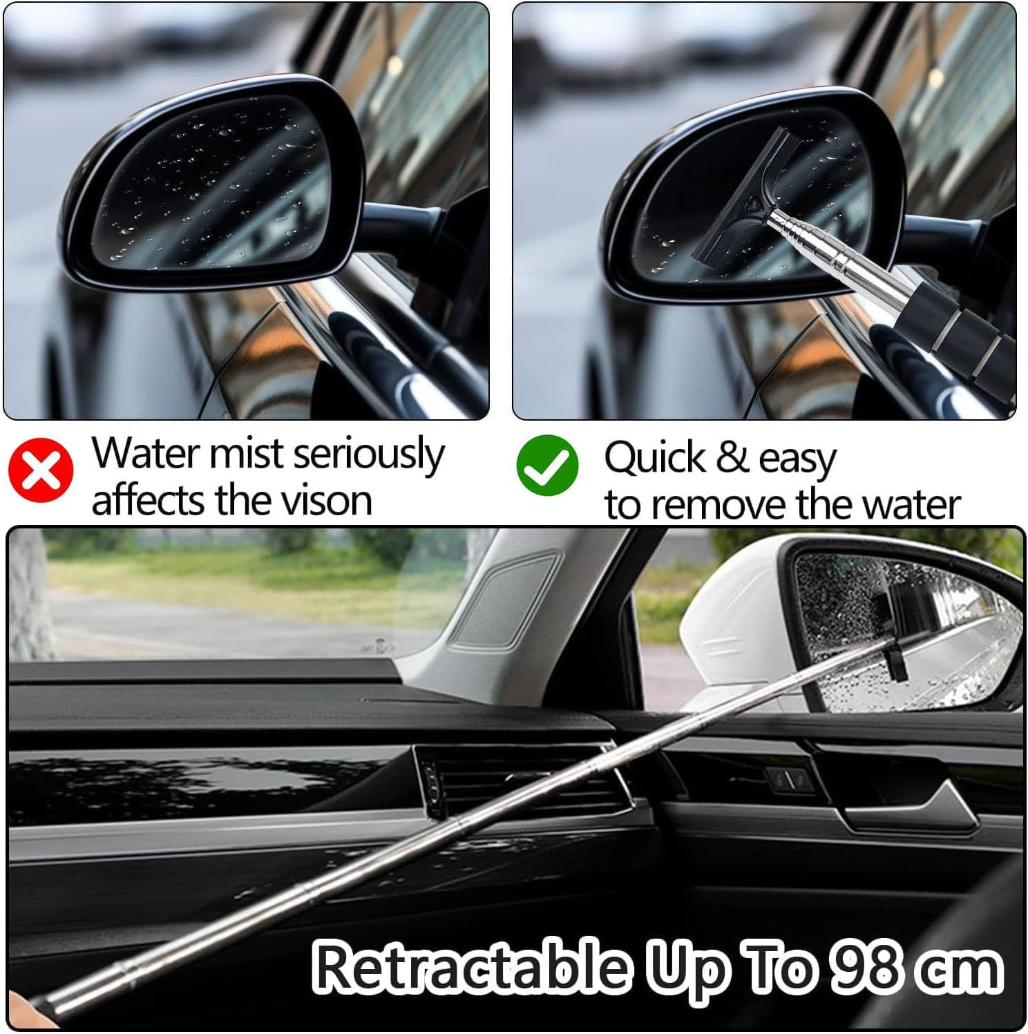 3 Pcs Car Side Mirror Squeegee,Retractable Rearview Wiper,Auto Glass Squeegee for Rainy Foggy Weather,Portable Cleaning Tool for All Vehicles,Windshield Cleaner with Long Handle for Windows image number 3