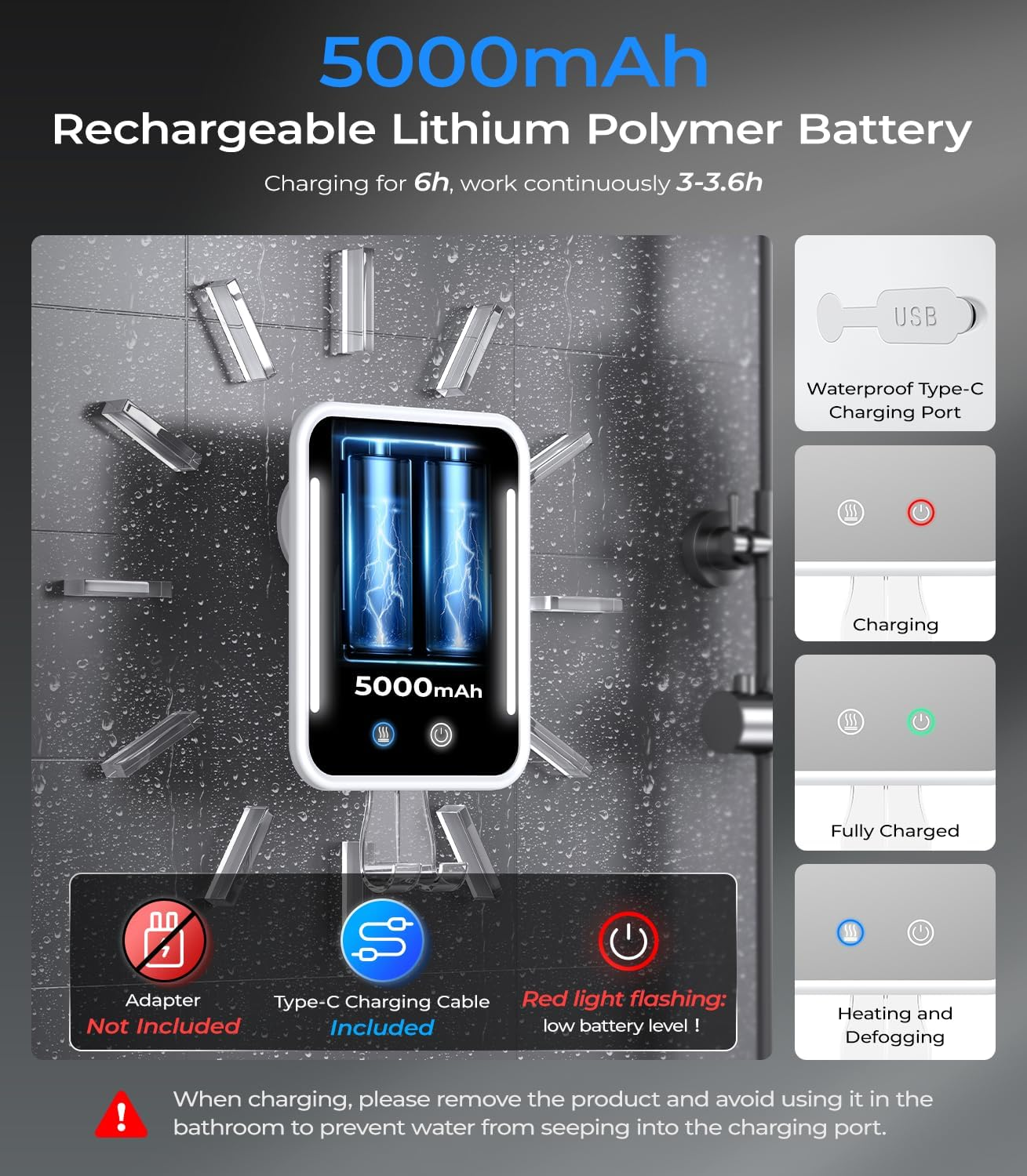 Gospire Fogless Heated Shower Mirror for Shaving, 5000 Mah Rechargeable Illuminated Shower Razor Mirror with Razor Holder, Removable & No Drilling, Bathroom Mirror with Suction Cup (White) - White image number 6