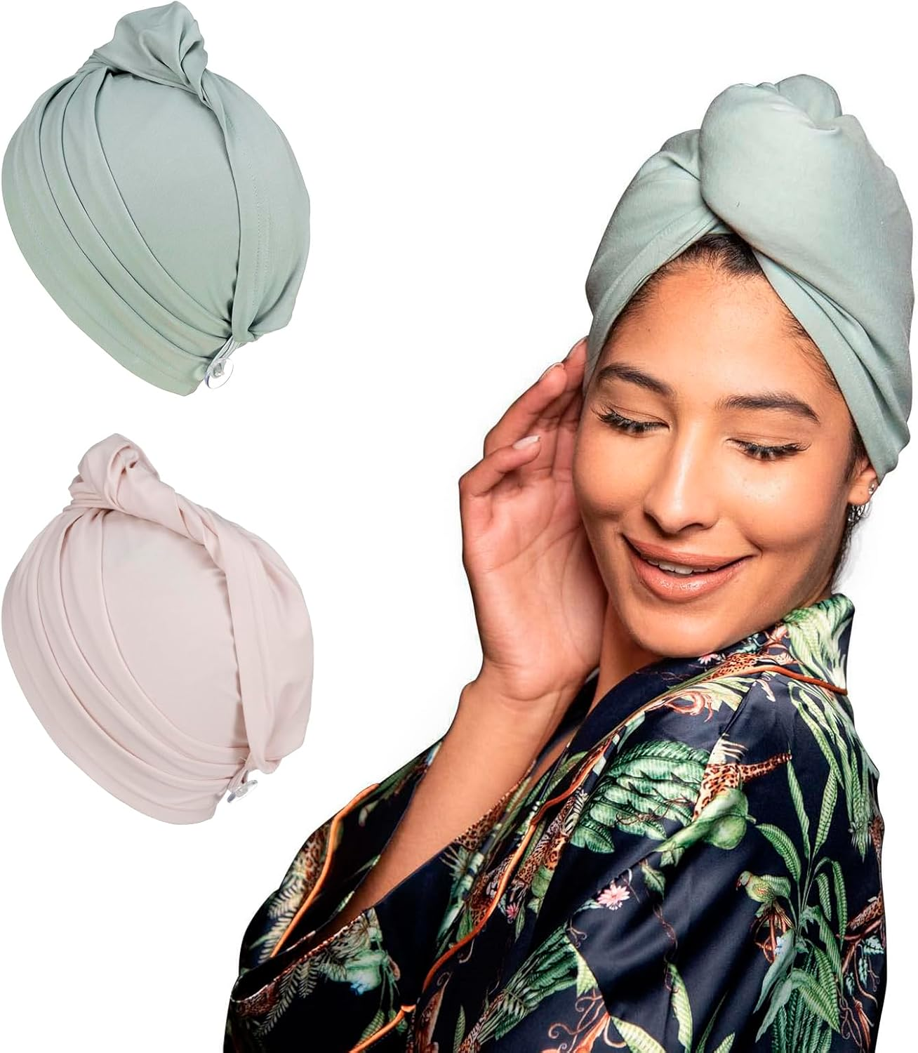 KISMETICS - 2 PCS Tee Shirt Drying Wrap, Frizz Free, Soft & Lightweight&Flexible, Hair Drying Turban, Gentle Drying Towel Wrap with Button, for Long Hair (Sage&Pink)