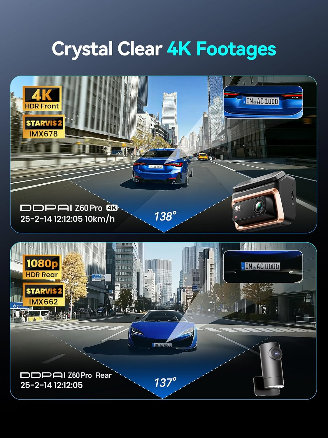 DDPAI 4K Dash Cam Front and Rear, 4K+1080P Dash Cam, Dual STARVIS 2 Sensors,5G Wifi GPS, Dashcam with Free 32GB Emmc,Night Vision,3" IPS,HDR,ADAS,24 Hours Parking Mode,Loop Recording G-Sensor, Z60 Pro image number 5