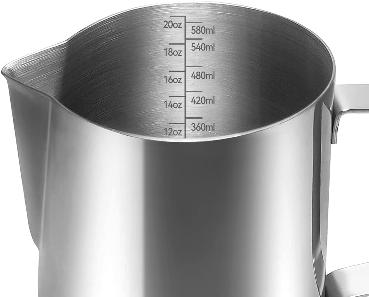 Metal Milk Frothing Jug 20Oz/600Ml Milk Frothing Pitcher with Decorating Art Pen Stainless Steel Steaming Measurements inside for Espresso Machine Coffee Foam Making Cappuccino Latte