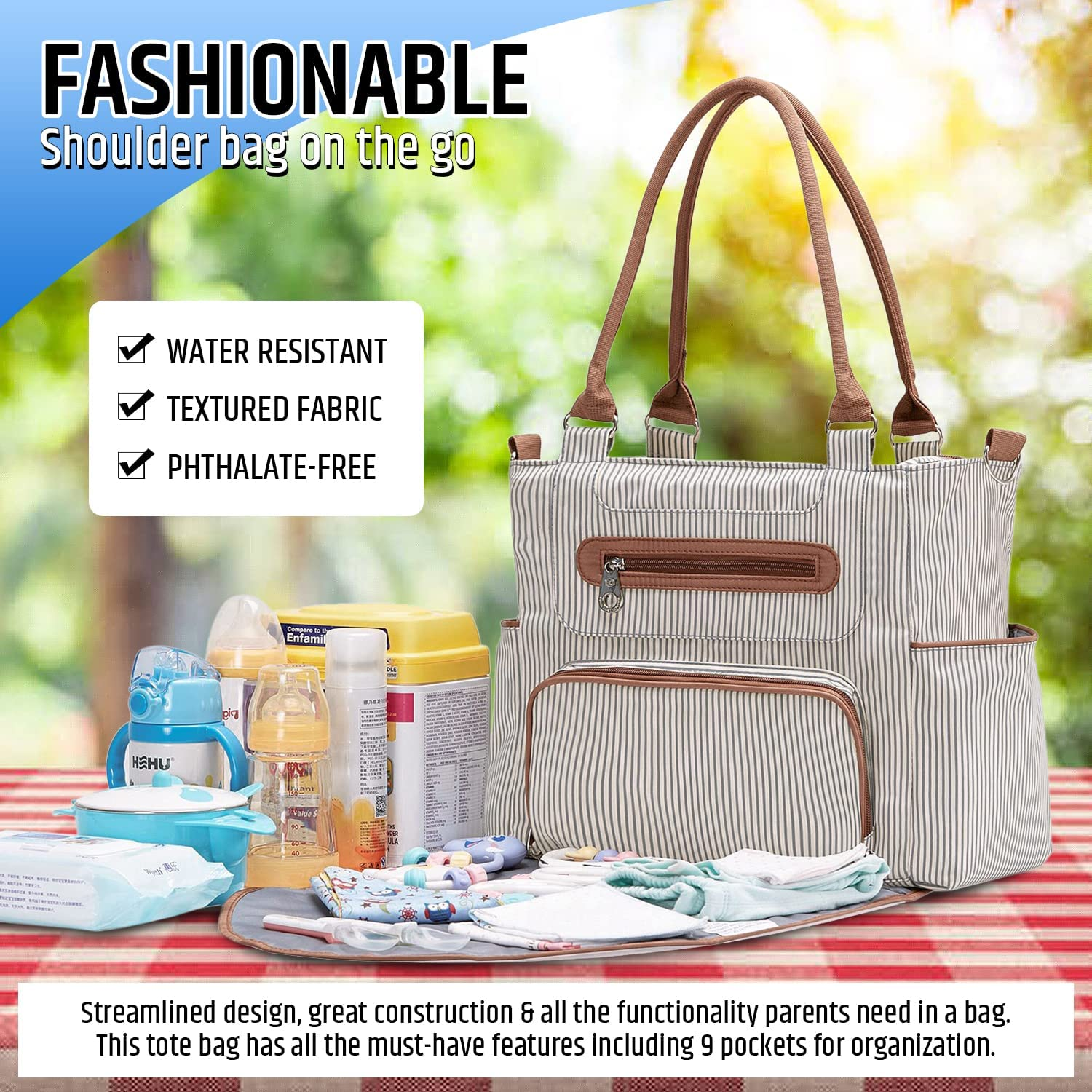 Nappy Bag - Diaper Bag Set - Tote Bag - Comes with Bottle Bag, Small Bag, Stroller Strap, Clothing Bag, Changing Pad, Coin Purse - Multifunctional Wide Open Style for Easy Access - Water Resistant