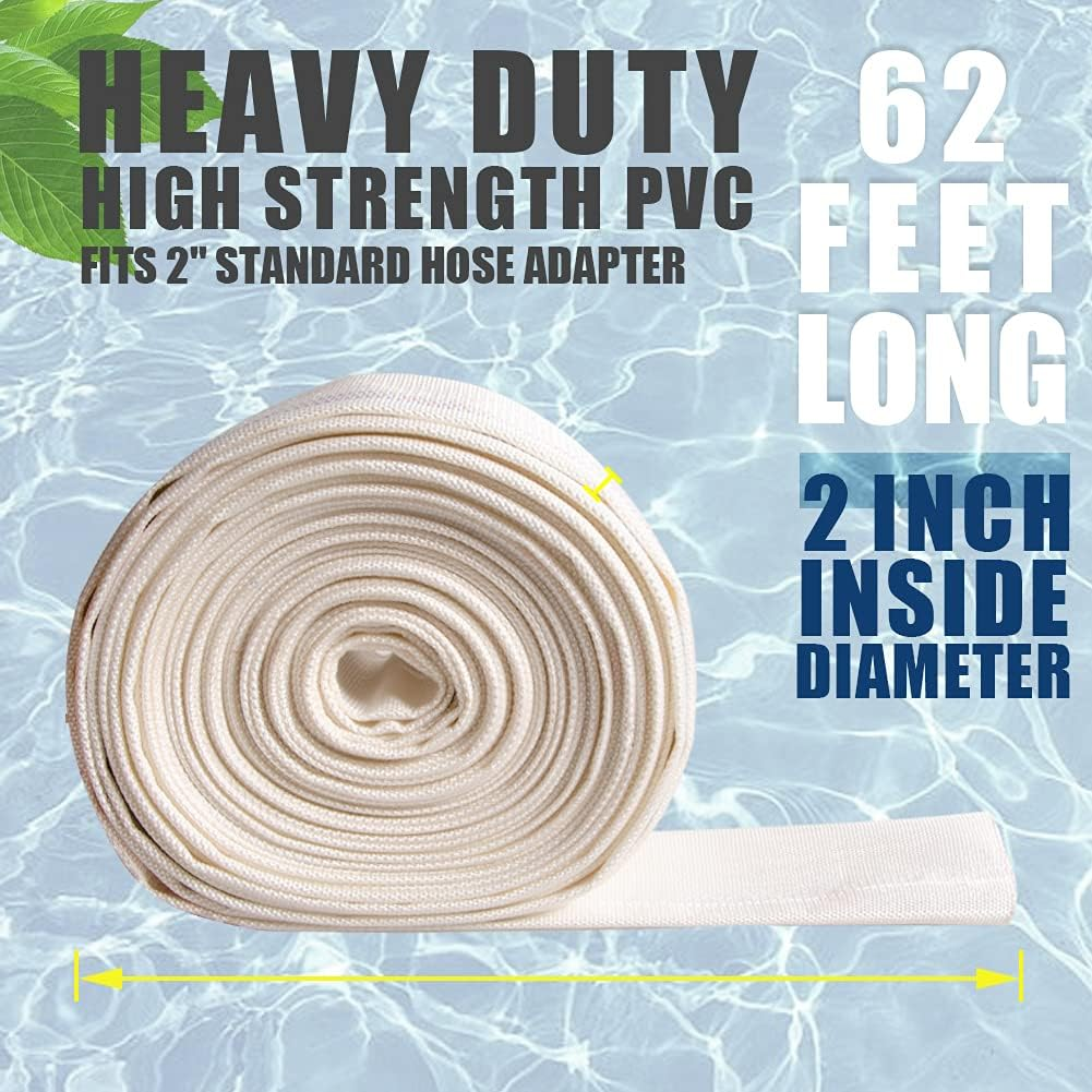 Ququyi 2" X 62 FT Heavy Duty Reinforced PVC Swimming Pool Backwash Hose, General Purpose Lay-Flat Water Discharge Pipe for Water Transfer Applications, White