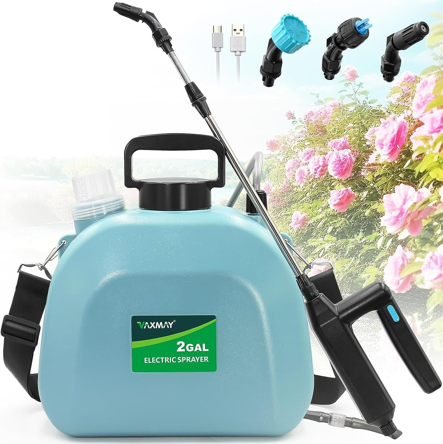 JINDUN Battery Powered Sprayer 8L, Upgrade Powerful Electric Sprayer with 3 Mist Nozzles&Rechargeable Handle, Retractable Wand, Garden Sprayer with Adjustable Shoulder Strap for Lawn,Garden,Cleaning image number 4