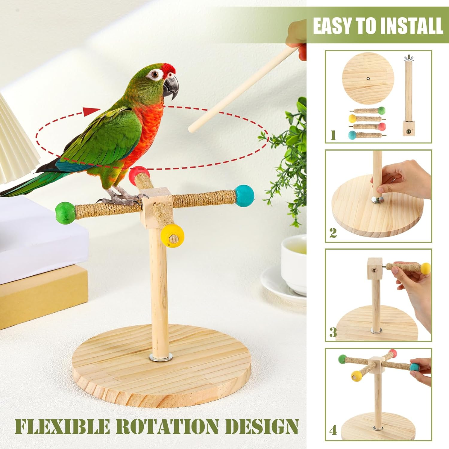 Cunno 3 Pcs Bird Training Stand Kit, Parrot Training Clicker Portable Tabletop Bird Perch and Target Stick, Wooden Spin Perch Clickers with Wrist Strap for Parakeet Conure Lovebird Cockatiel (Spin) image number 1
