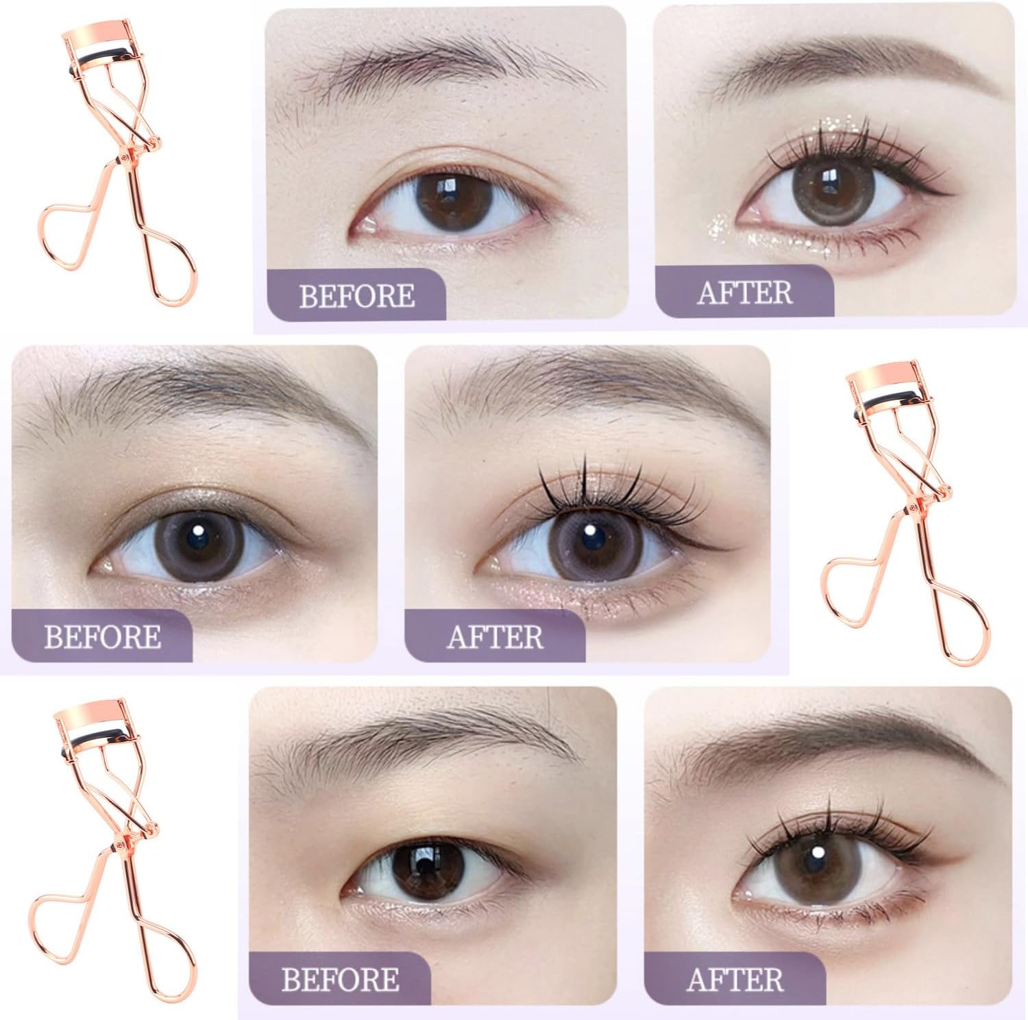 Eyelash Curler and Comb Set with 6 Refills,Mascara Applicator and Gentle Lash Separator(Rose Gold,Black) image number 3