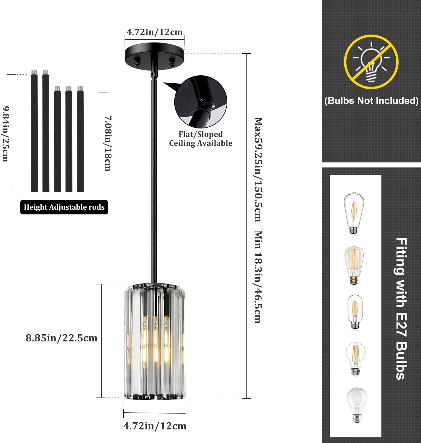 Mlihove Pendant Light Kitchen 1-Light, Crystal Pendant Lighting Black Island Light Fixture Hanging Adjustable, Modern Pendant Lights Chandelier for Dining Room, Kitchen Island, Entryway, Hallway image number 3