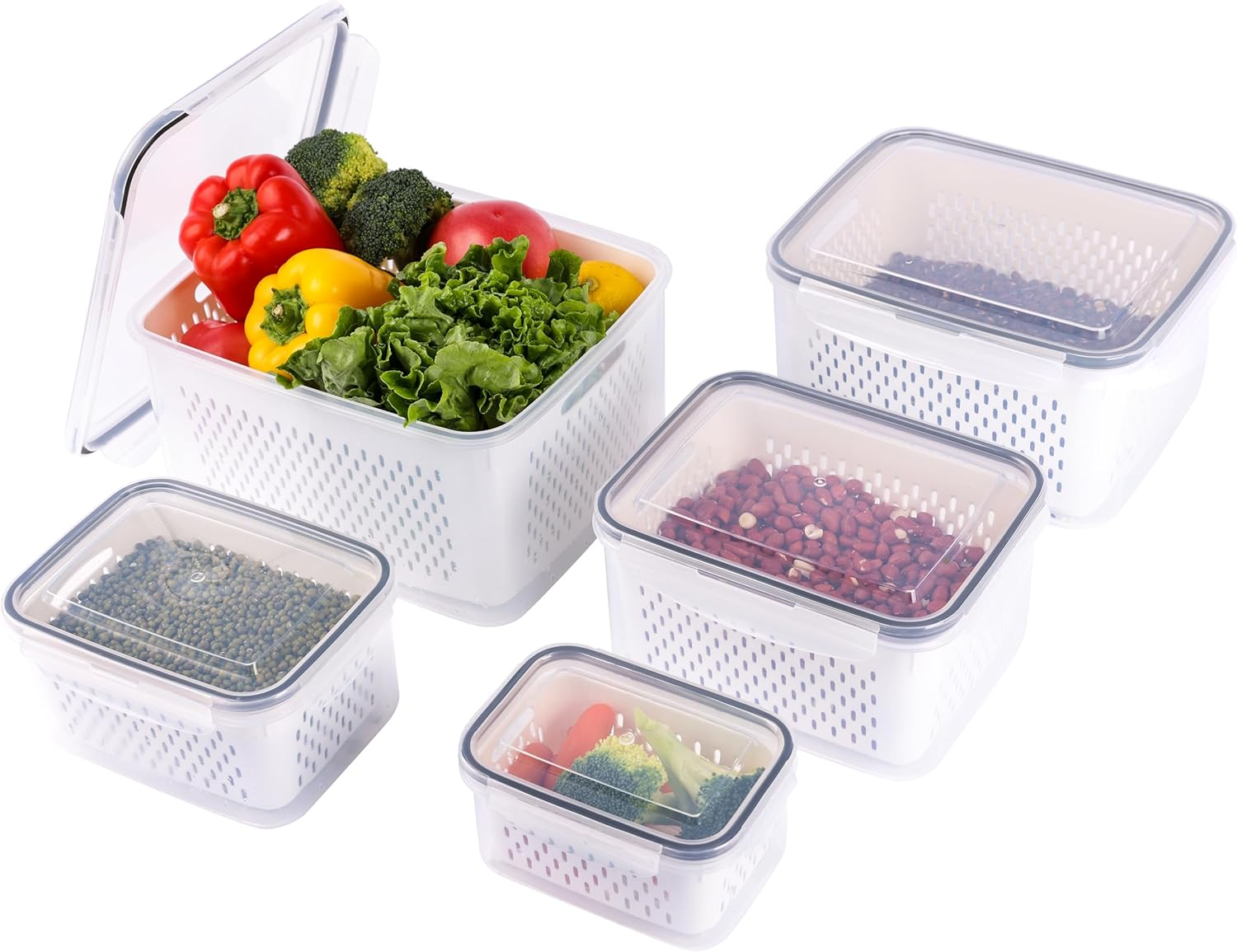 OKAM Fruit Storage Containers for Fridge Set of 5 - Air-Tight, Bpa-Free, Includes Colanders & Lids, Microwave/Refrigerator/Freezer Safe -Ideal Strainer Container for Veg, Produce, Fruit, Berry Storage image number 2