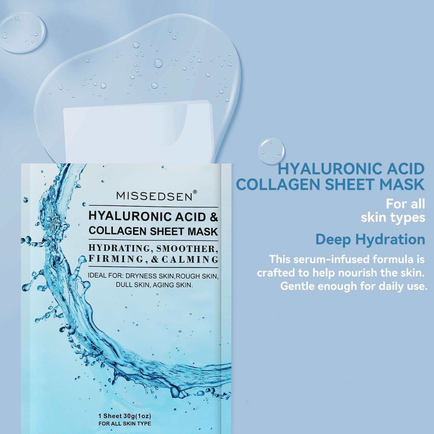 MISSEDSEN Hyaluronic Acid and Collagen Sheet Mask, Hydrating and Firming Face Mask, 5 Pack image number 6