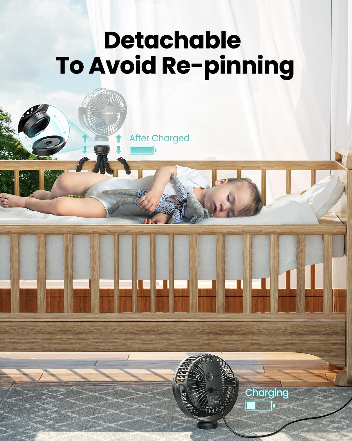 Gaiatop Mini Portable Stroller Fan, Battery Operated Small Clip on Fan, Detachable 3 Speed Rechargeable 360&deg; Rotate Flexible Tripod Cooling Fan for Car Seat Crib Treadmill Travel Black - Blue image number 2