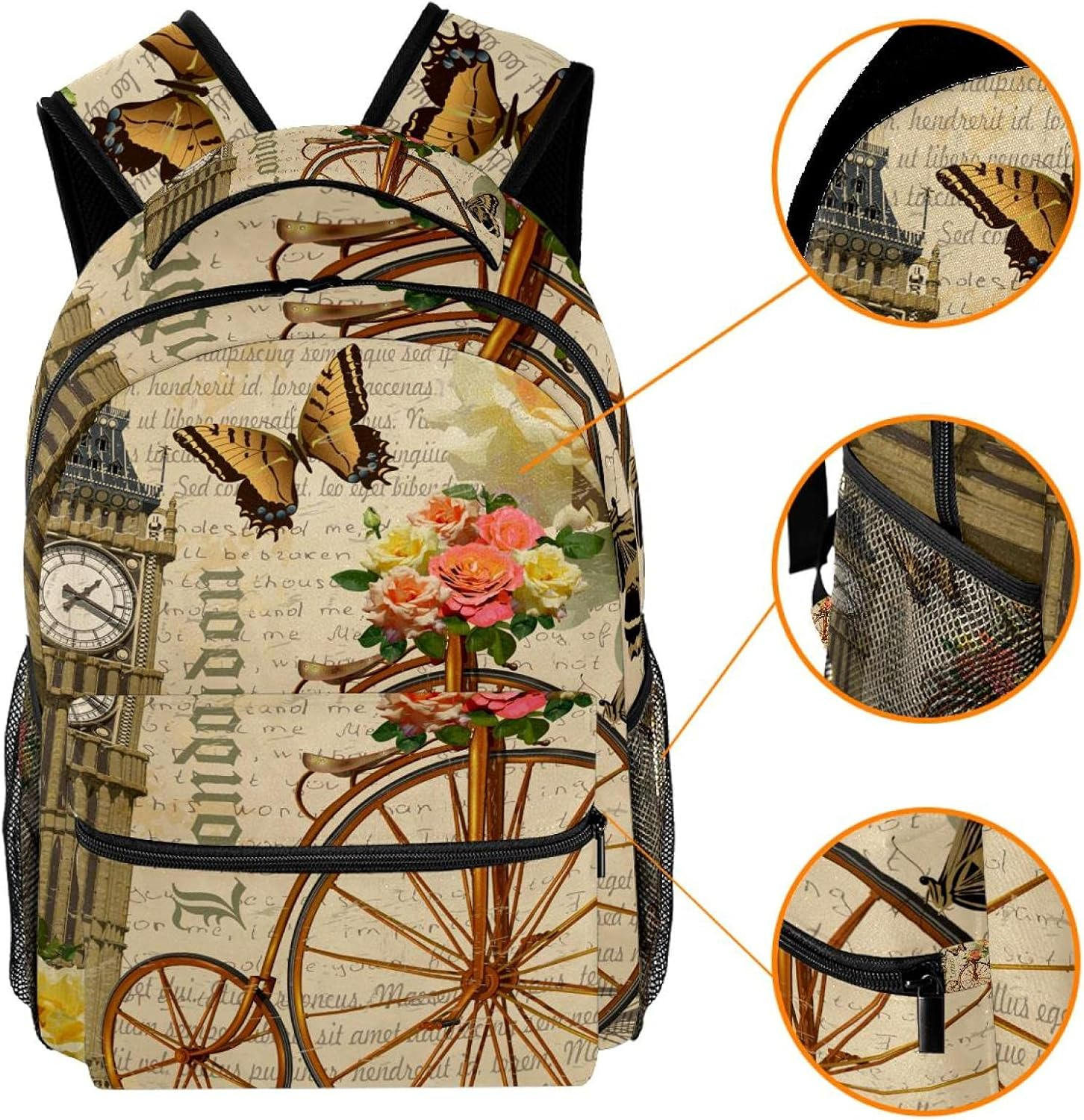 Vintage Postcard London with Big Ben,Roses and Bicycle Backpack Students Shoulder Bags Travel Bag College School Tote Backpacks