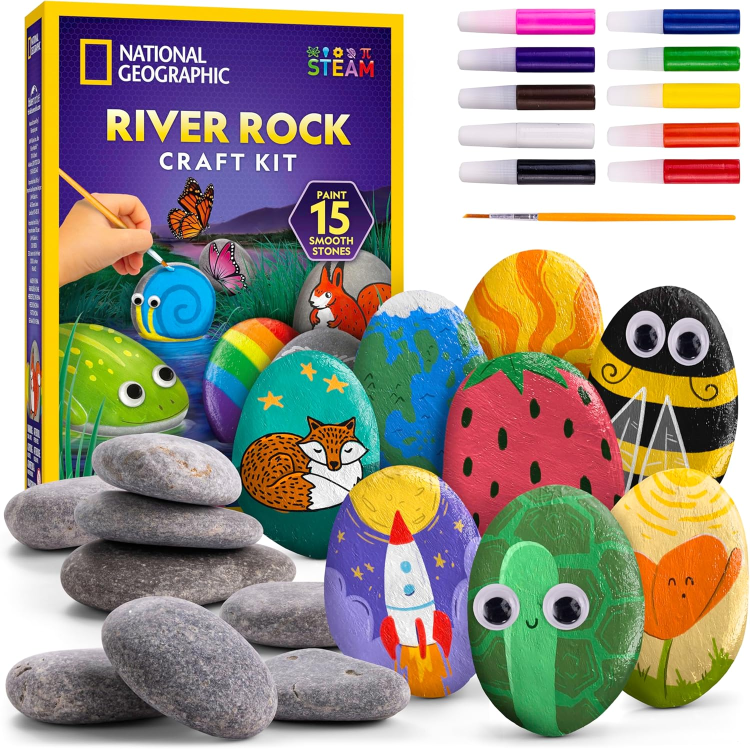 National Geographic Rock Painting Set &ndash; Arts & Crafts for Kids, Decorate 15 Rocks with 10 Paint Colors, Includes Art Supplies, Creative Activity Kit