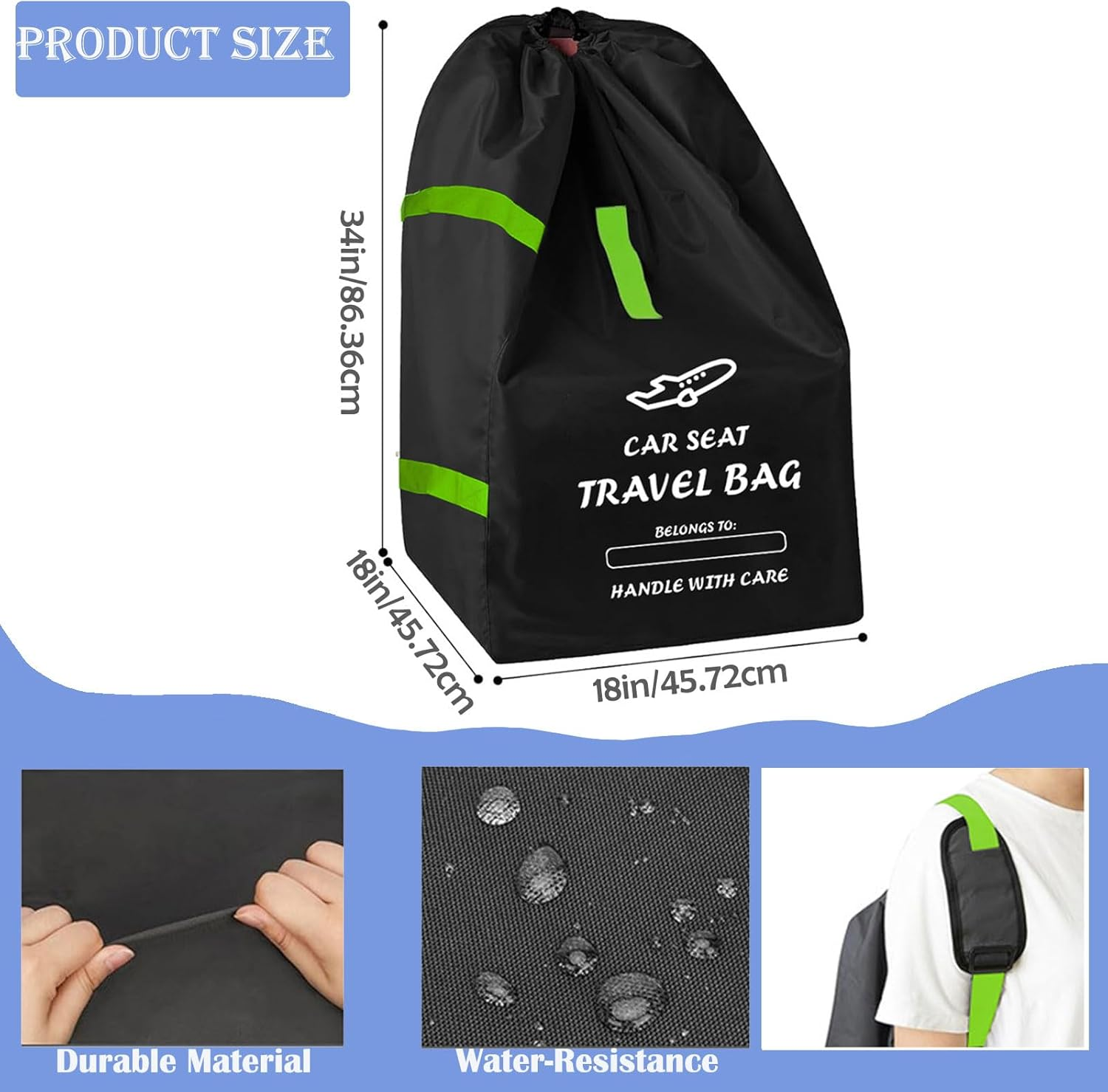 Durable Car Seat Travel Bag for Airplane & Stroller Bag - Large Tear & Water Resistant Gate Check Bag, Fits Convertible Car Seats or Double Strollers, Padded Easy Carry Protector for Air Travel