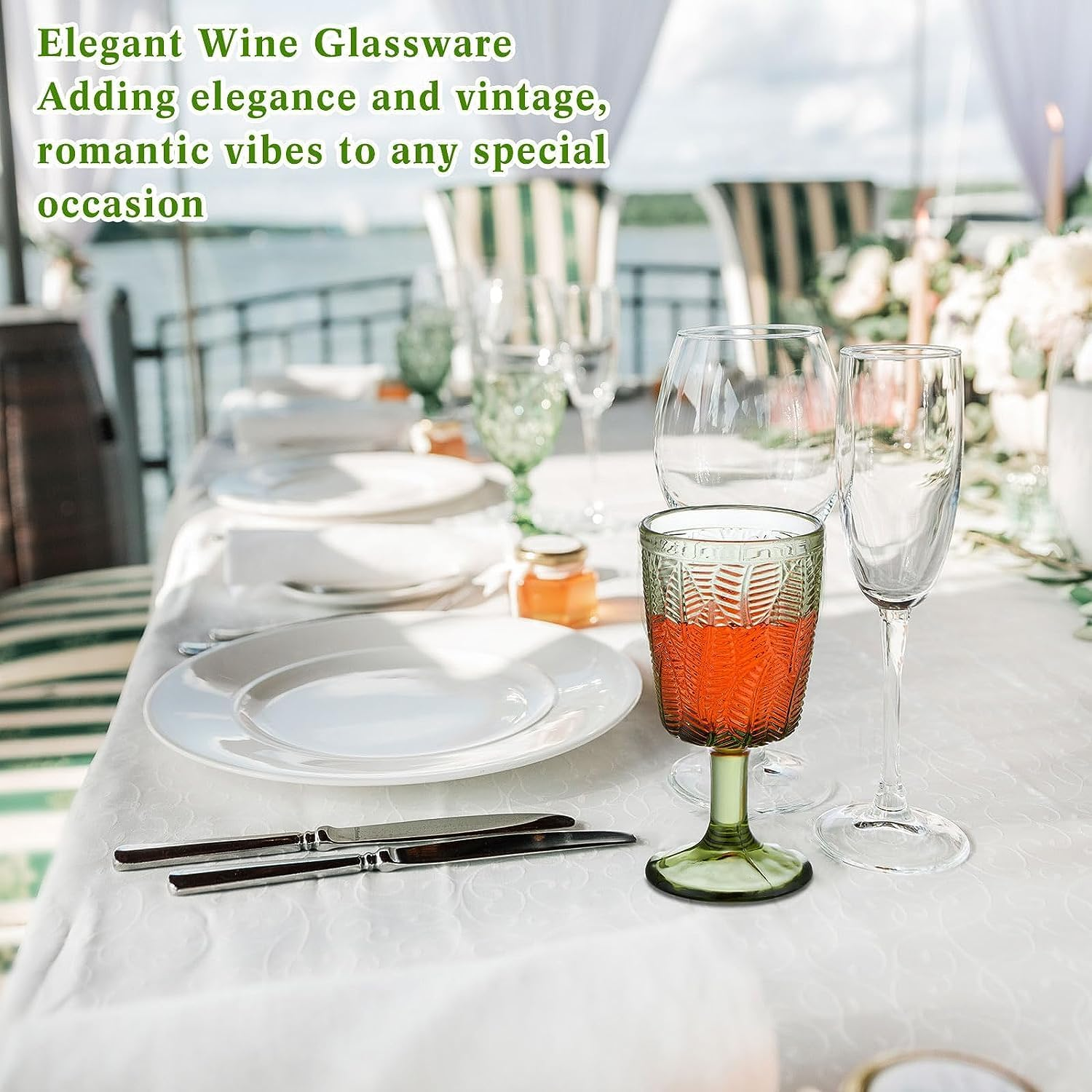 HZIYOU Vintage Green Wine Glasses Set of 4, 11 Oz Colored Glass Drinkware Sets, Embossed Floral Pattern Non-Slip, Unique Vintage Glasses Drinking, Goblet Glasses, Wedding, Party, Bar, Dinner (Green) image number 5