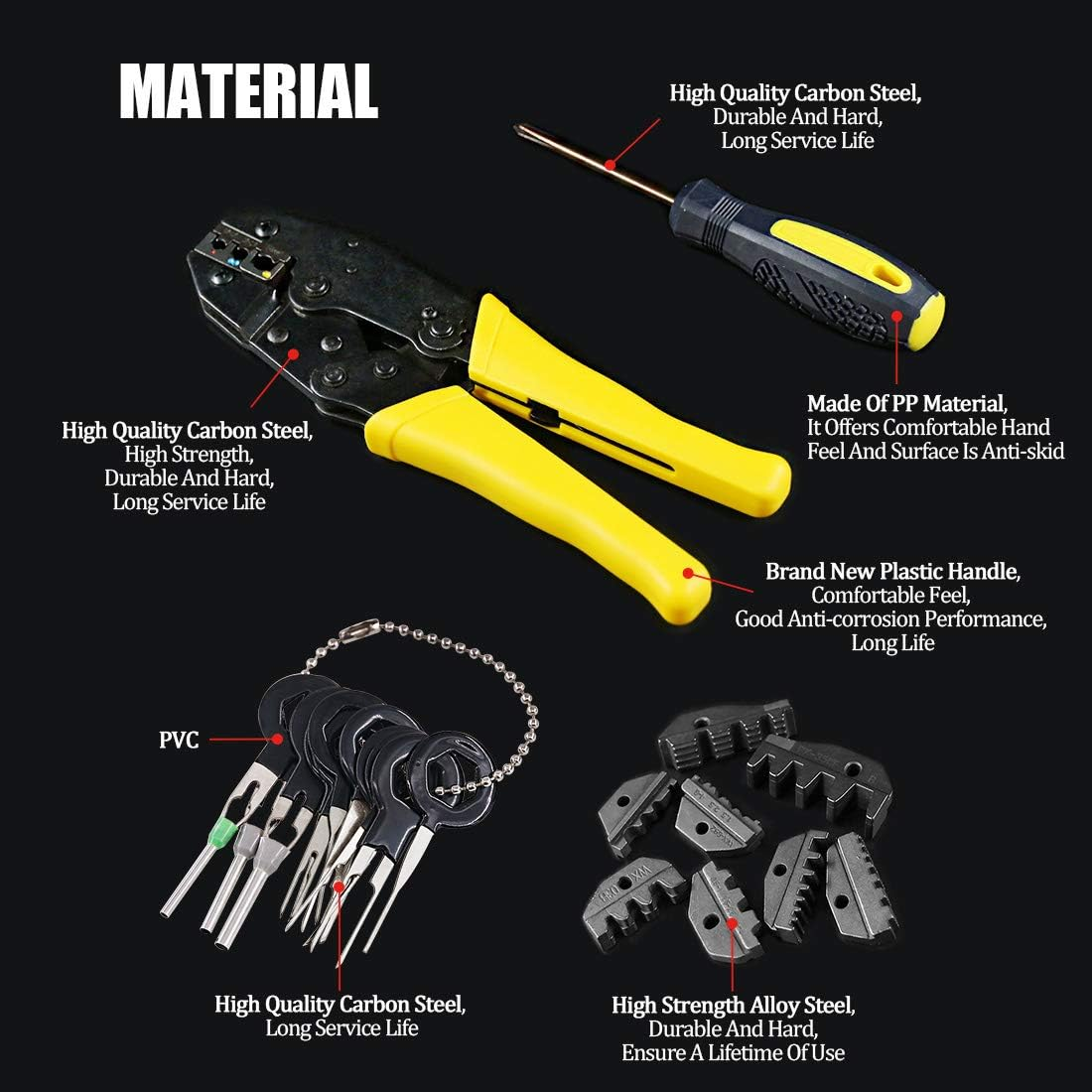 Hilitchi 4 Pcs Wire Crimping Tool Kit Terminal Ratchet Plier with 5 Interchangeable Dies, Wire Cutter/Stripper, Screwdriver, Terminal Removal Tool Key for Insulated Non-Insulated Terminals or Ferrules image number 3