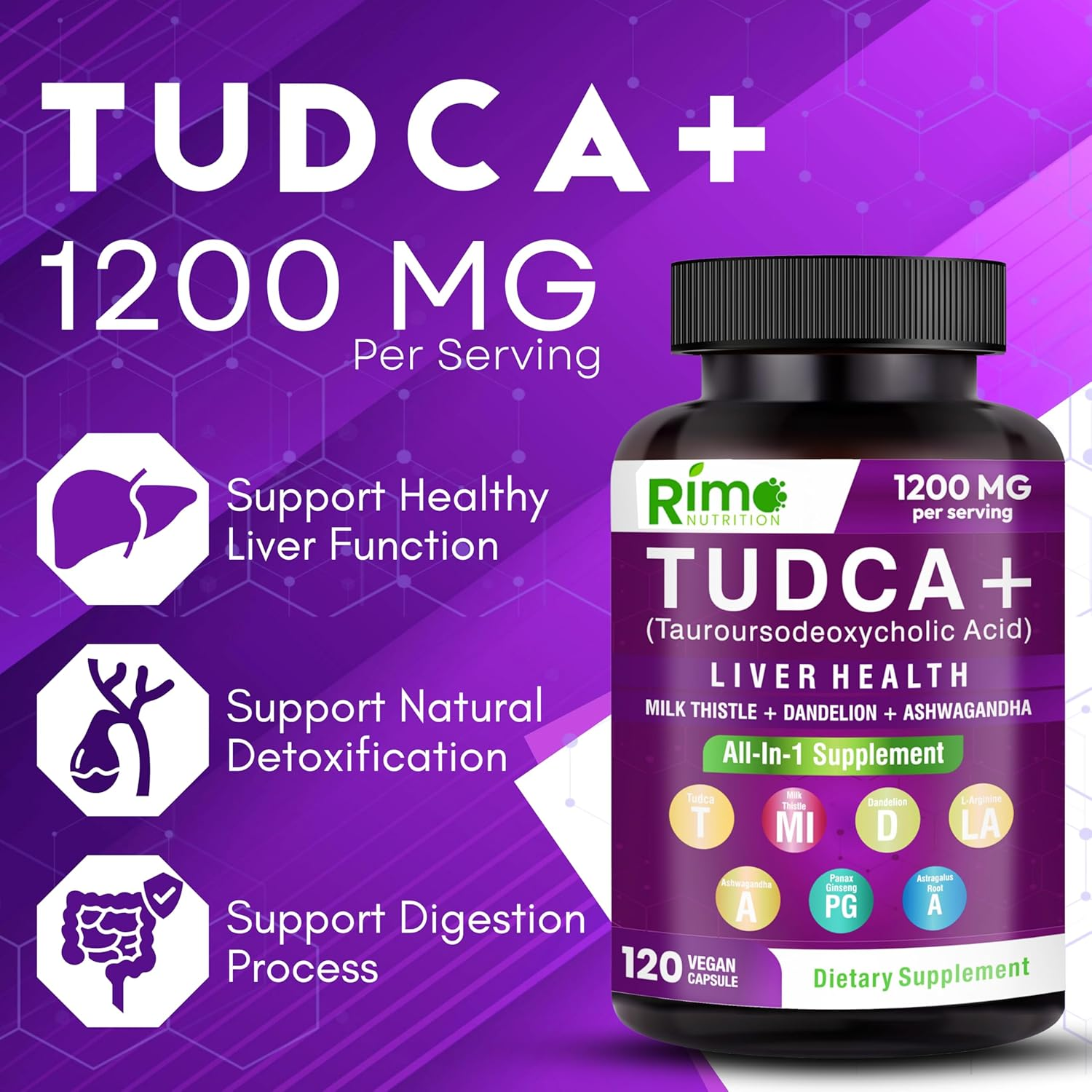 Rimo Nutrition Tudca - Liver Support Supplement with Milk Thistle, Dandelion. L Arginine, Ashwagandha, Panax Ginseng Root, Astragalus Root 1200 Mg per Serving 120 Capsules image number 3