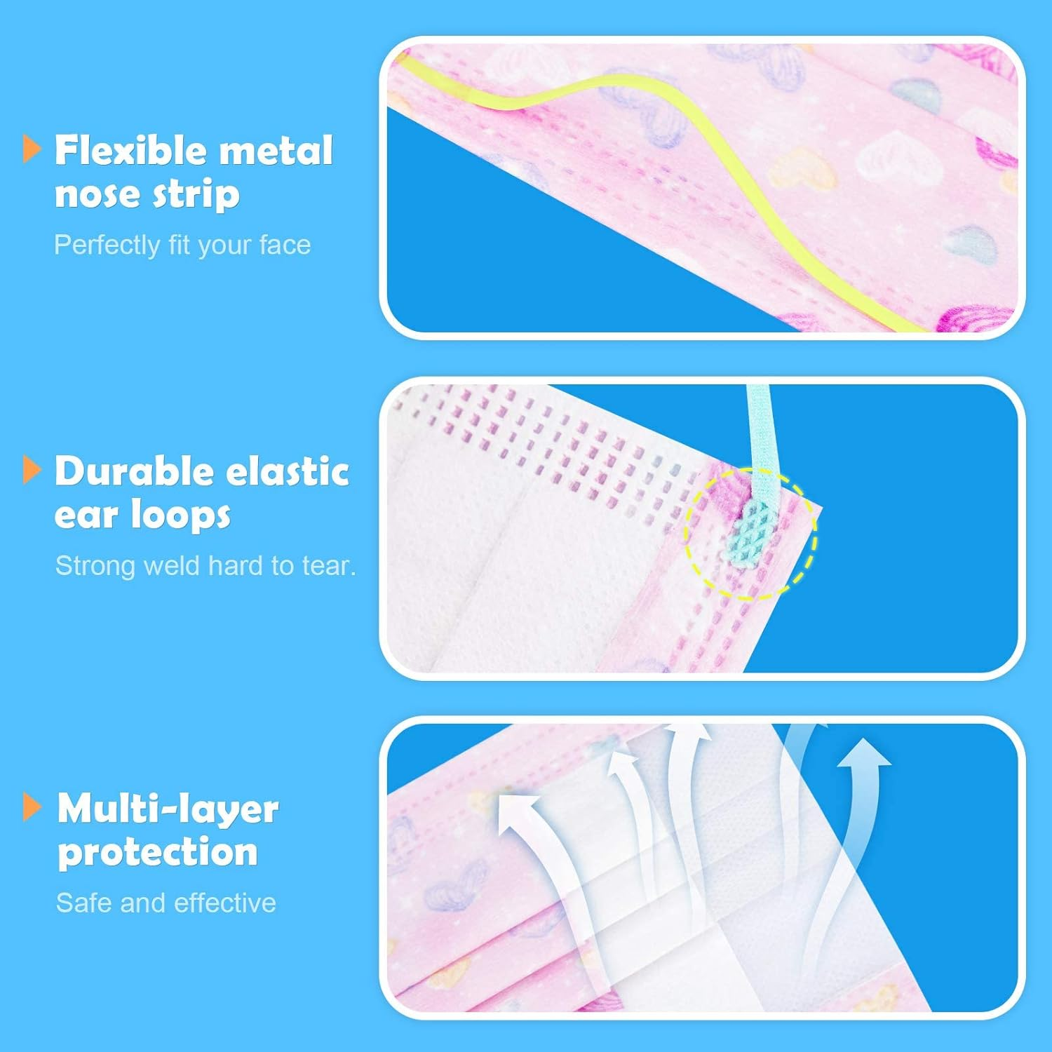 60PCS Kids' Disposable Protective Face Masks for Girls Fantasy Universe Magic Rainbow Mesh Princess Gradient Colors Star Heart Pattern Individually Wrapped Skin-Friendly 3-Layer Filter Comfortable Fit image number 5