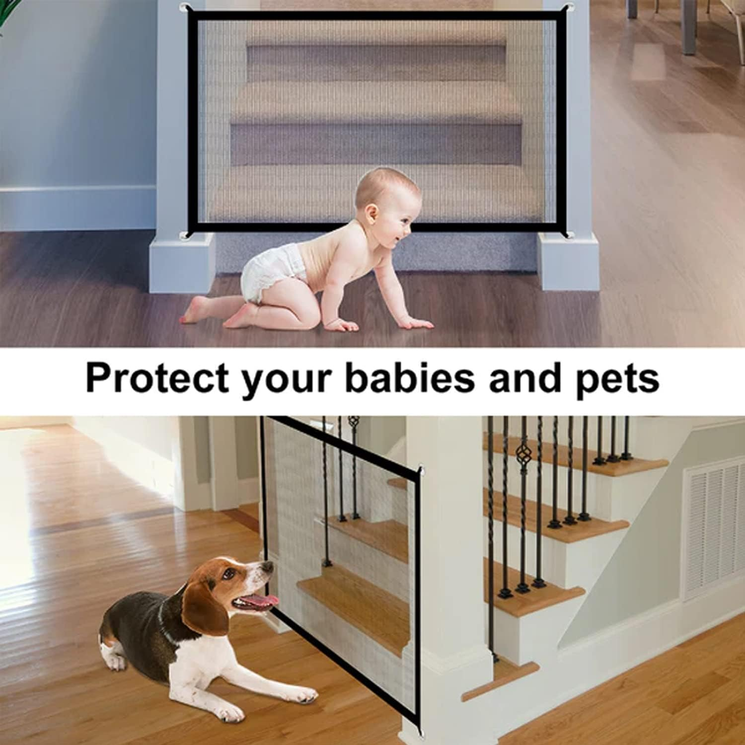 EZONEDEAL Pet Mesh Gate, Portable Folding Mesh Magic Gate for Stairs Wide 70.8"X27.56", Retractable Dog Cat Safe Gate Guard Safety Fence for Hall Doorway Door Stair House Wall Mount, Dog Stairs Gate