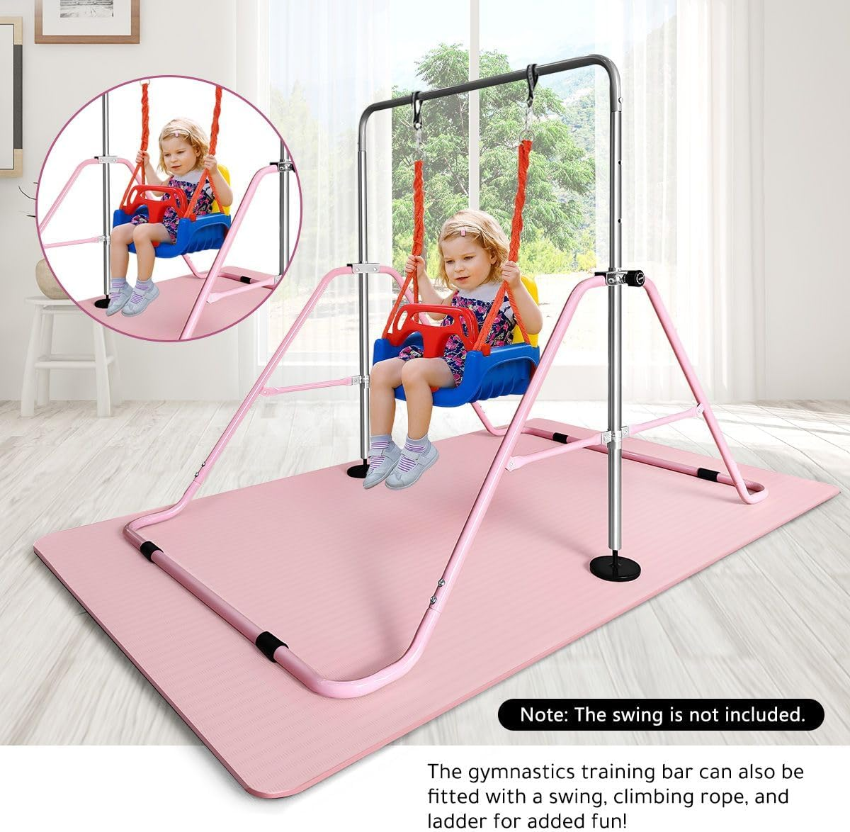 Genki Expandable Gymnastics Bars, Adjustable Height Gymnastic Horizontal Bars,Junior Climbing Frame Training Bar Children Folding Training Monkey Bars for Kids,Pink&hellip; - Pink/Mat 90-142 Cm image number 7