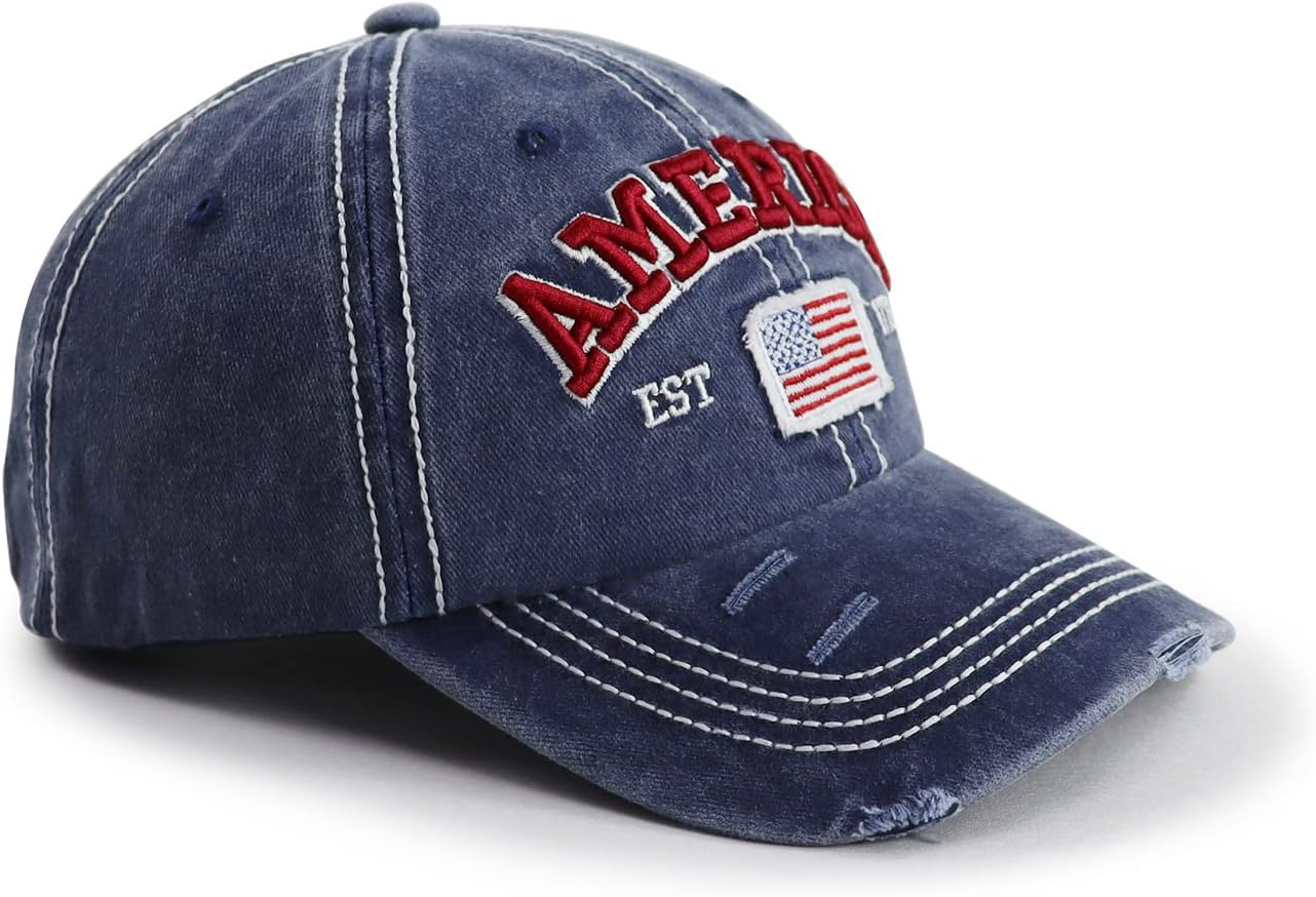 American Flag Hat for Men Women, Funny Adjustable Cotton Embroidered Distressed Baseball Cap