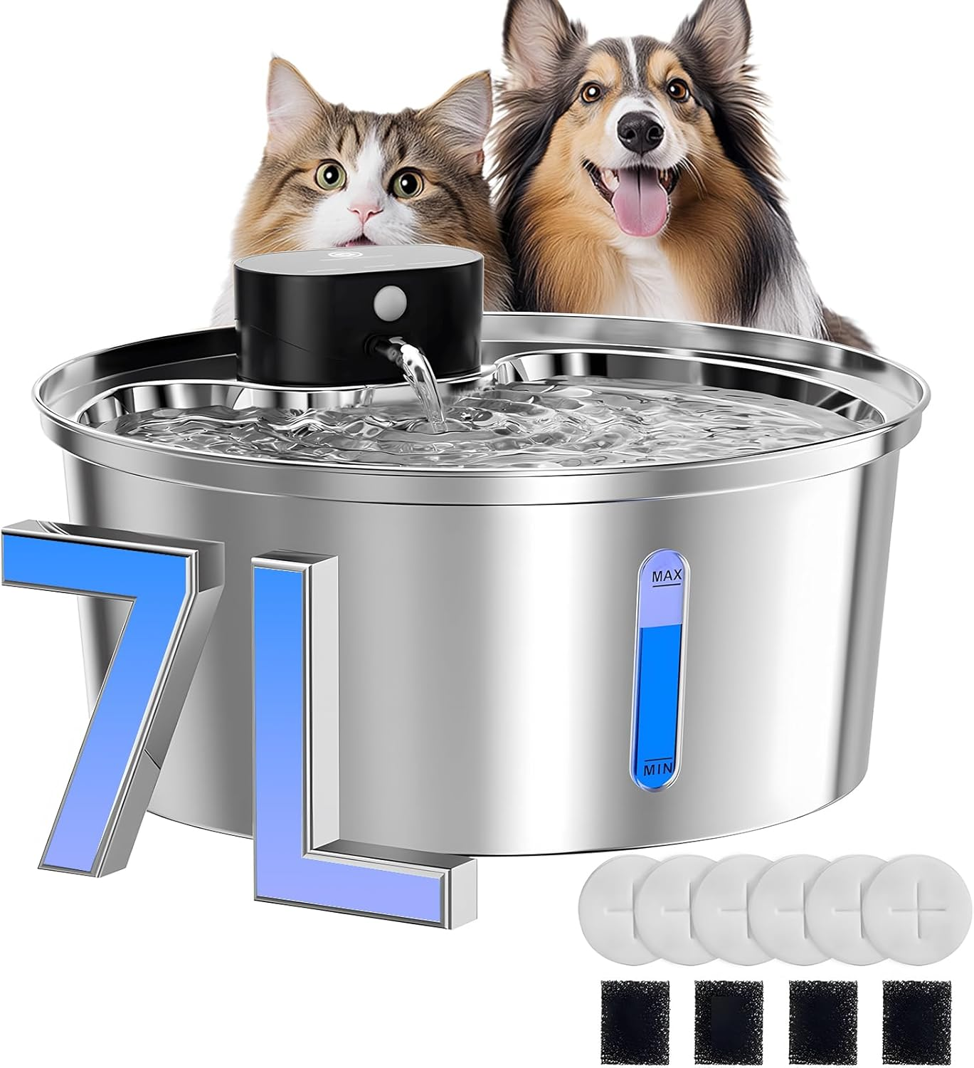 Wireless Cat Water Fountain Stainless Steel, 7L 5000Mah Rechargeable Battery Operated Cat Water Dispenser, Cordless Pet Waterfountain for Cats & Dogs with Motion Sensor, Quiet Pump, Multi-Filtration image number 5
