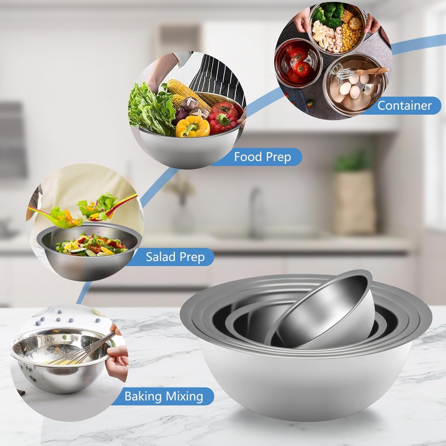 5Pcs Stainless Steel Mixing Bowls Set for Kitchen, Dishwasher Safe Nesting Bowls, Metal Kitchen Bowl for Cooking, Baking, Meal Prepping, Sizes 14,16,20,22,24 Cm(Lid Not Included) (5 Pcs A) image number 1