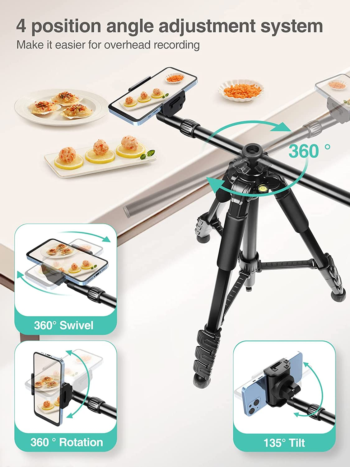 Iphone Tripod for Overhead Video Recording [Heavy Duty & Ultra-Stable], 25In Horizontal Long Extendable Boom, 360&deg; Rotation Iphone Tripod Stand with Remote, Vertical 71" Tall Phone Tripod image number 1
