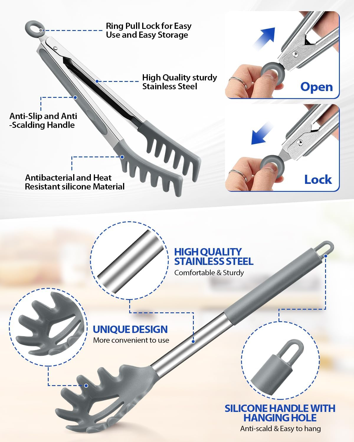 Spaghetti Spoon and Pasta Tong, Non-Stick Silicone Spoon Server Fork with Teeth and Stainless Steel Handle, Food Clip for Noodles (Grey) - Khaki image number 4