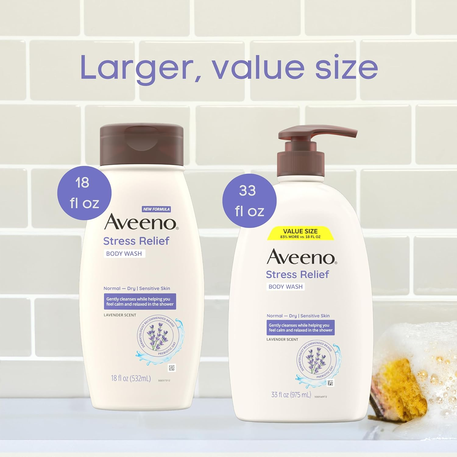 Aveeno Stress Relief Body Wash with Nourishing Oat & Lavender Scent for Sensitive Skin, Gently Cleanses & Helps You Feel Calm & Relaxed in the Shower, Soap-Free, 33 Fl. Oz image number 4