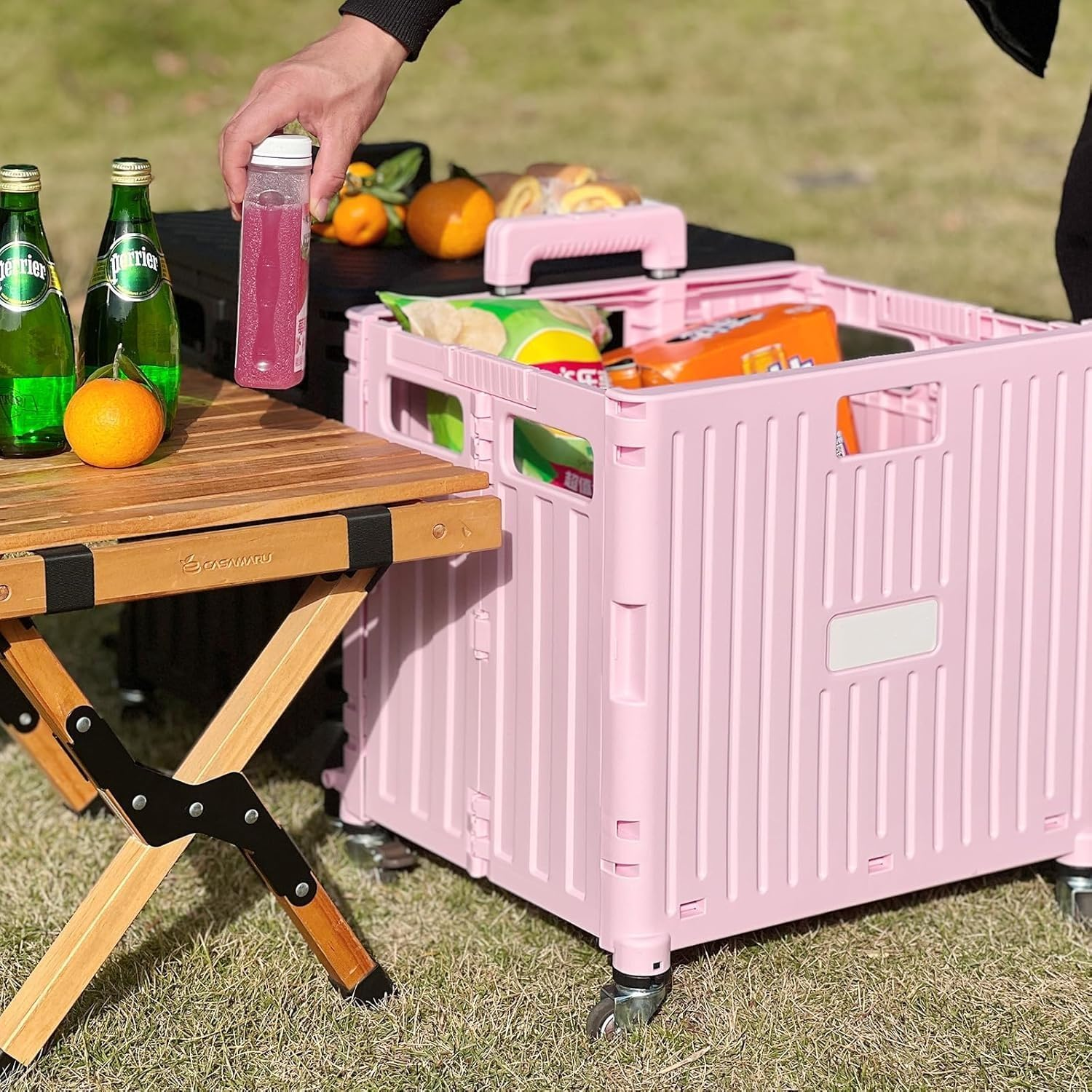 Folding Utility Cart with 4 Wheels, Black Foldable Cart with Telescoping Handle, Collapsible Cart with Wheels, Foldable Rolling Cart for Shopping, Office, Grocery Storage (Pink-65L) image number 1