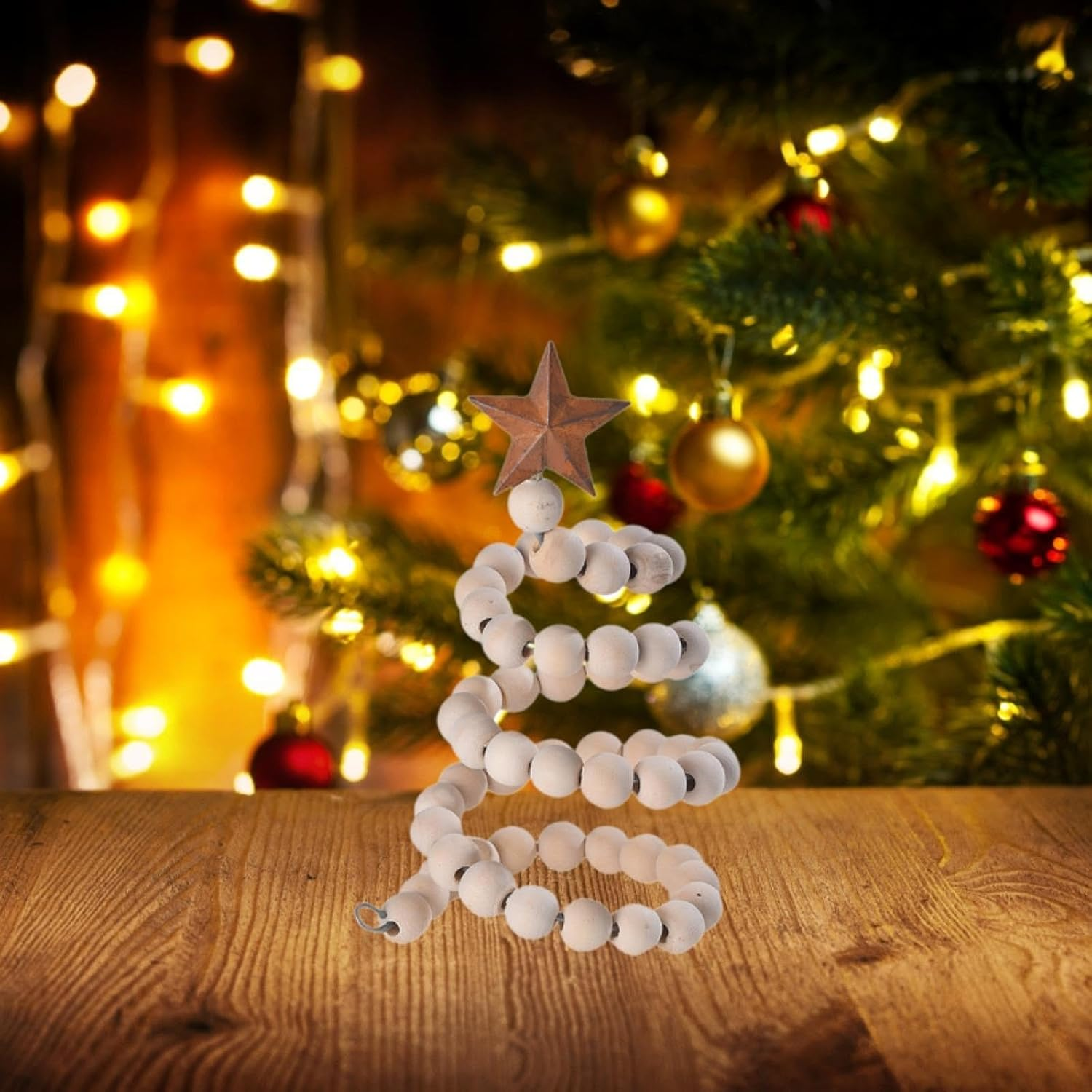 Generic Mini Desk Christmas Tree,Xmas Tree Wooden Bead Decorative Xmas Tree with Star Topper for Valentines Day Home Decor, Wood