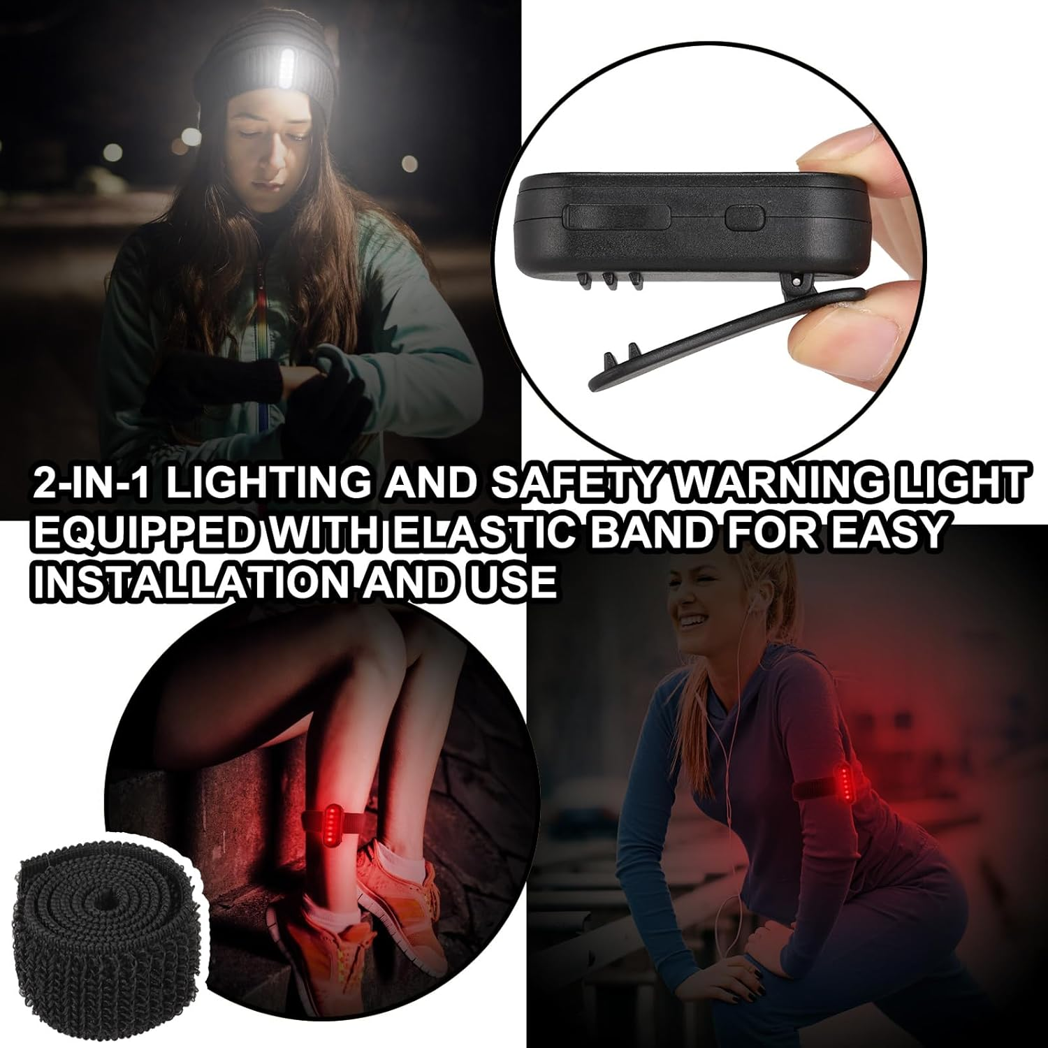 Rechargeable LED Safety Lights, Waterproof Hands-Free Running Lights Compact Warning Flashlight with 3 Modes (Continuous & Flashing Light) for Night Jogging Hiking Camping Outdoor Adventures (2Black) image number 6