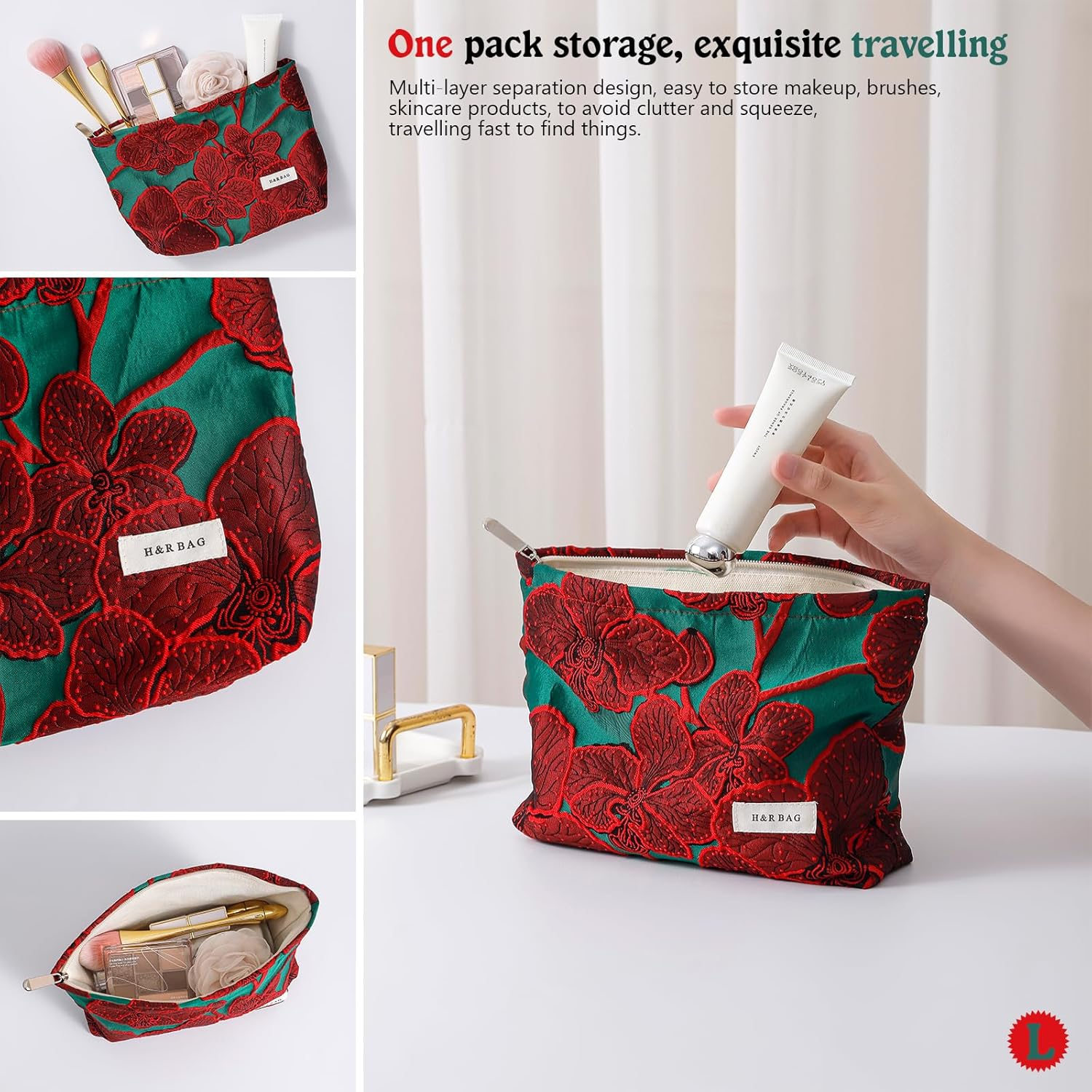[2-Pack] Vintage Chinese Red Jacquard Makeup Bags Set - Large & Small Travel Cosmetic Organizer Pouches for Women (17Cm & 26Cm)