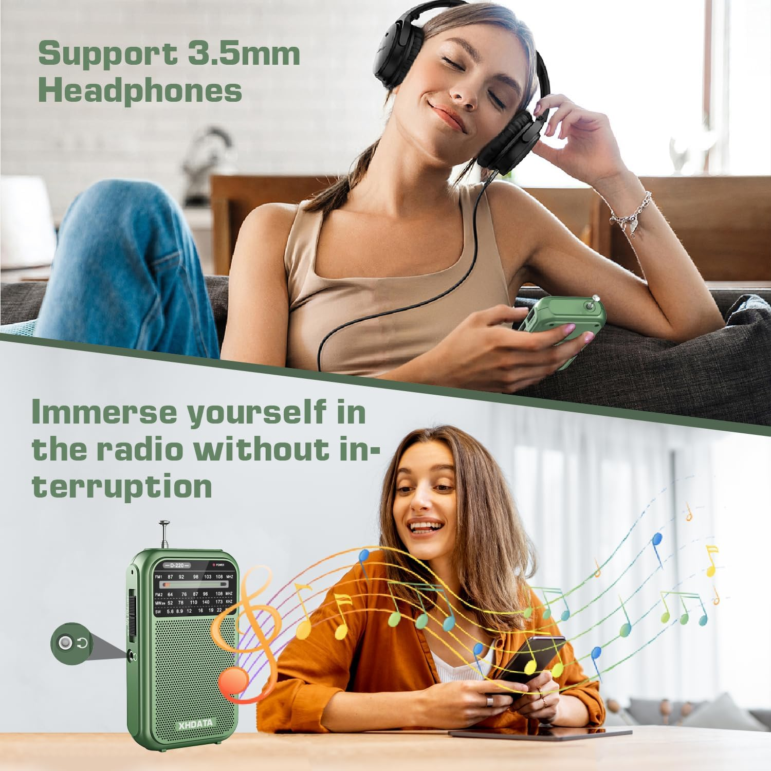 XHDATA D-220 FM Radio for Home Portable MW Shortwave Receiver Battery Operated Small Pocket Speaker Excellent Reception Emergencies Green image number 3
