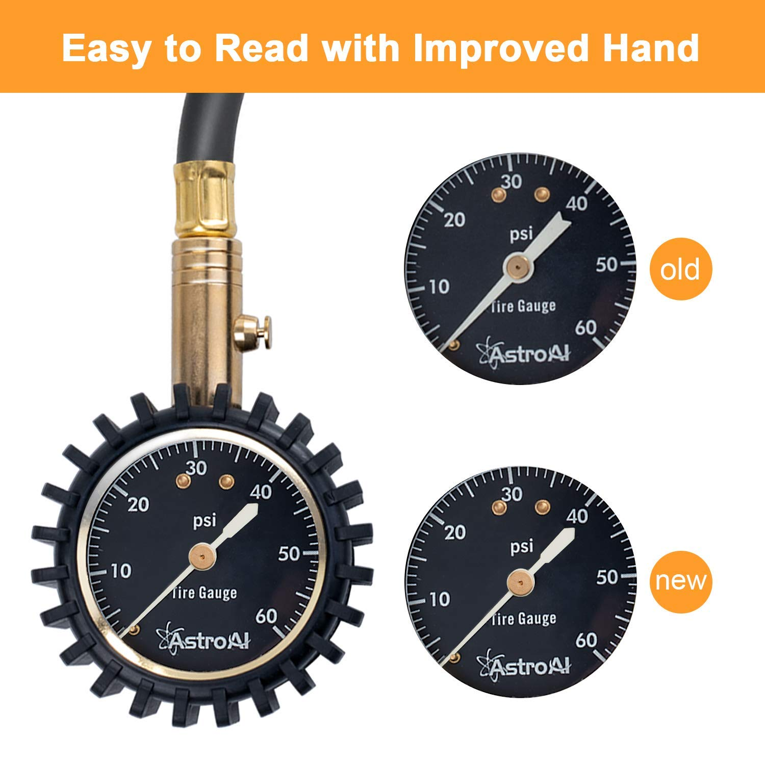 Astroai Tire Pressure Gauge, 60 PSI Heavy Duty, Certified ANSI B40.1 Accurate with Large 2" Easy to Read Glow Dial, Durable Rubber Hose and Solid Brass Construction for Car Truck Motorcycle Tire image number 3
